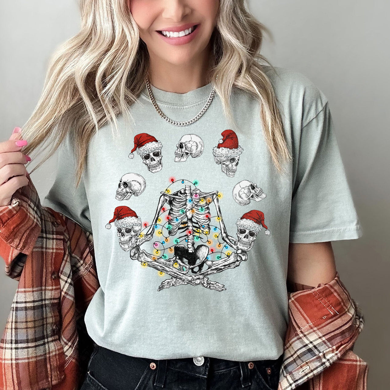 Skeleton Christmas Juggling Yoga Santa Claus Festive Holiday Party Artwork Comfort Colors Tee