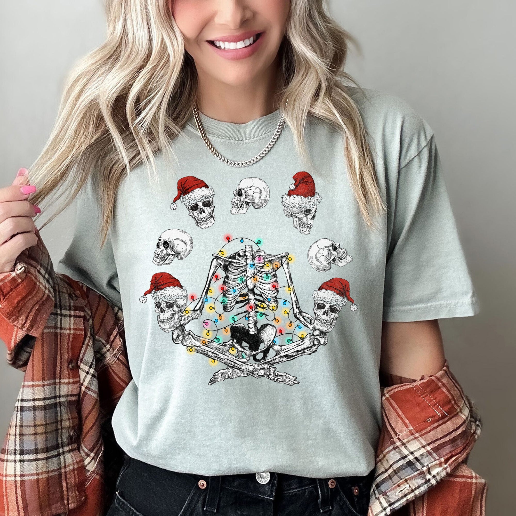 Skeleton Christmas Juggling Yoga Santa Claus Festive Holiday Party Artwork Comfort Colors Tee