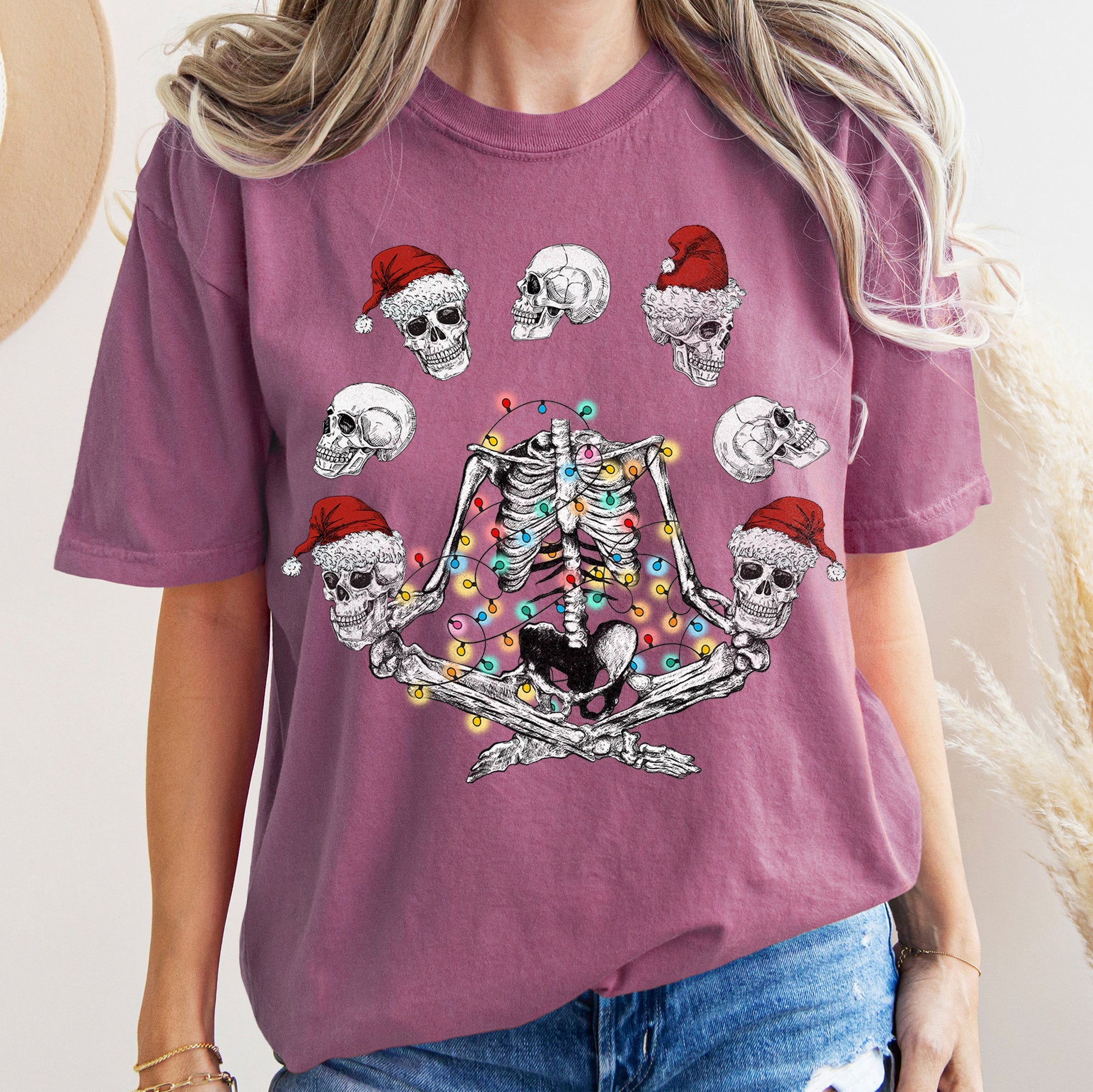 Skeleton Christmas Juggling Yoga Santa Claus Festive Holiday Party Artwork Comfort Colors Tee