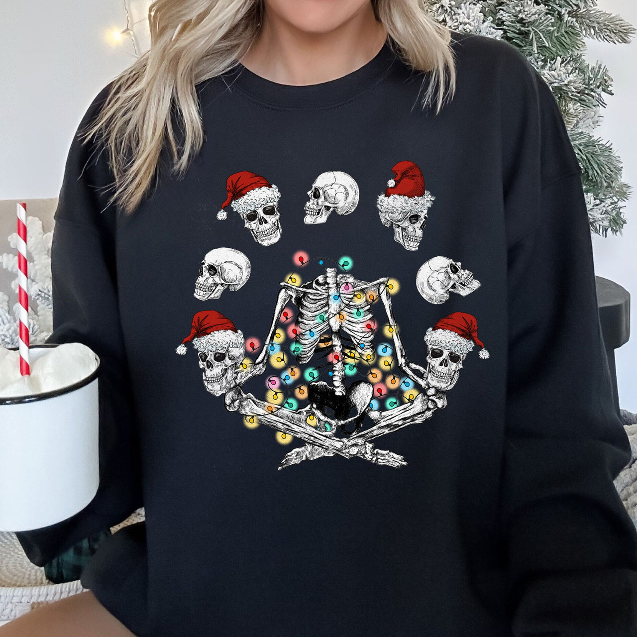 Skeleton Christmas Juggling Yoga Illustration Holiday Skeleton Silhouette Sweatshirt