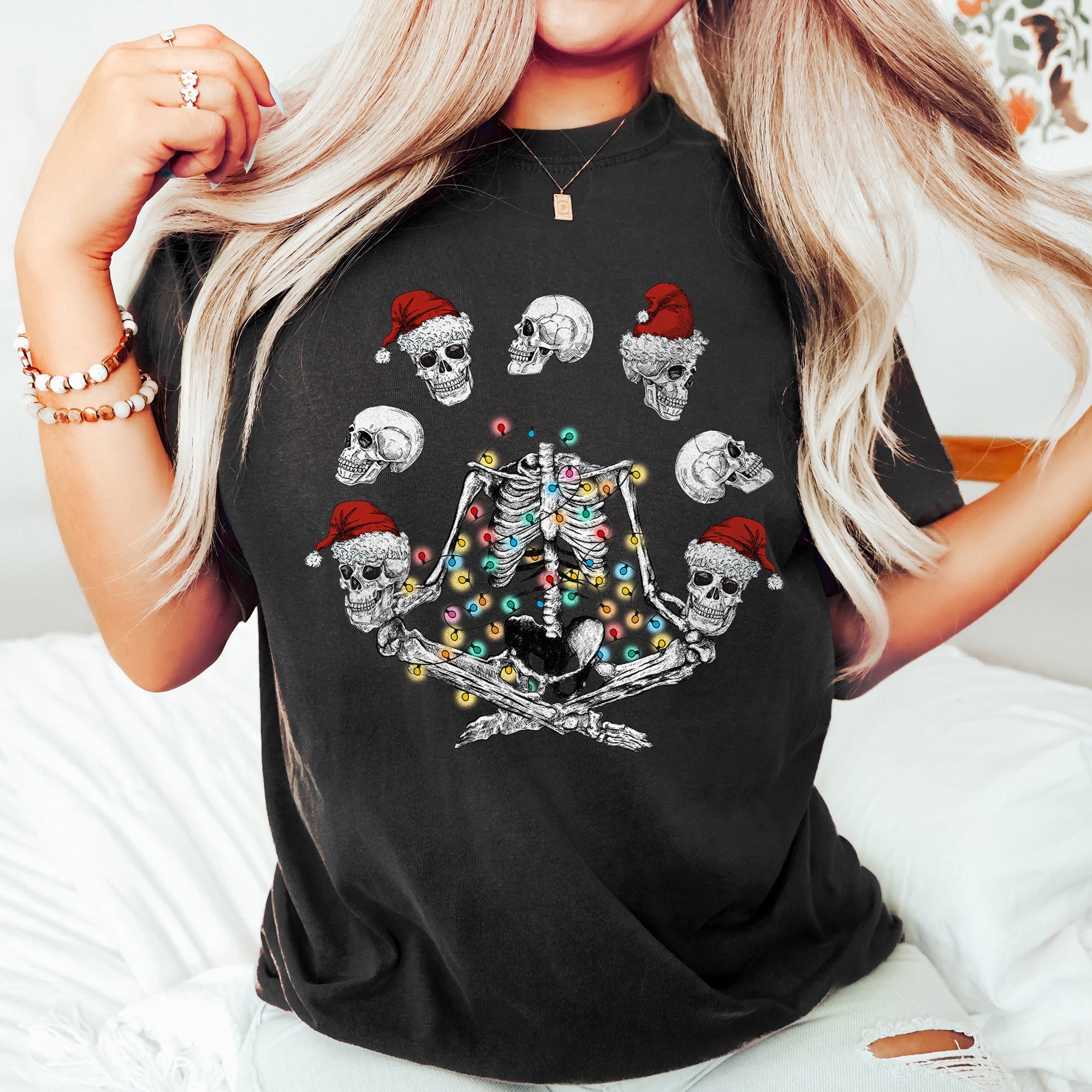 Skeleton Christmas Juggling Yoga Santa Claus Festive Holiday Party Artwork Comfort Colors Tee