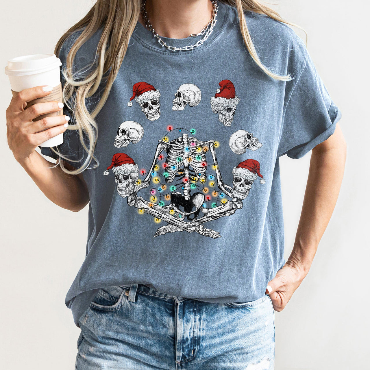 Skeleton Christmas Juggling Yoga Santa Claus Festive Holiday Party Artwork Comfort Colors Tee