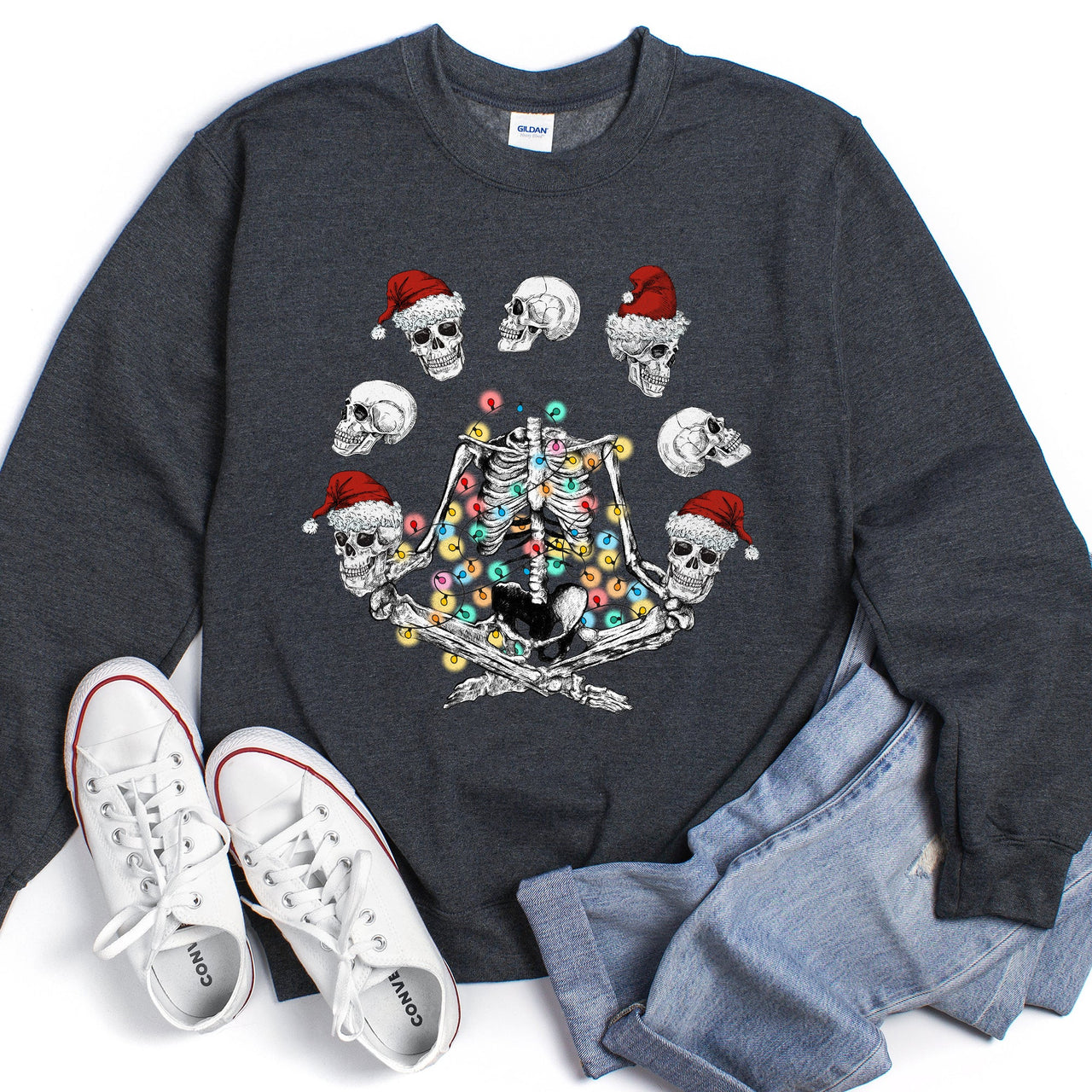 Skeleton Christmas Juggling Yoga Illustration Holiday Skeleton Silhouette Sweatshirt