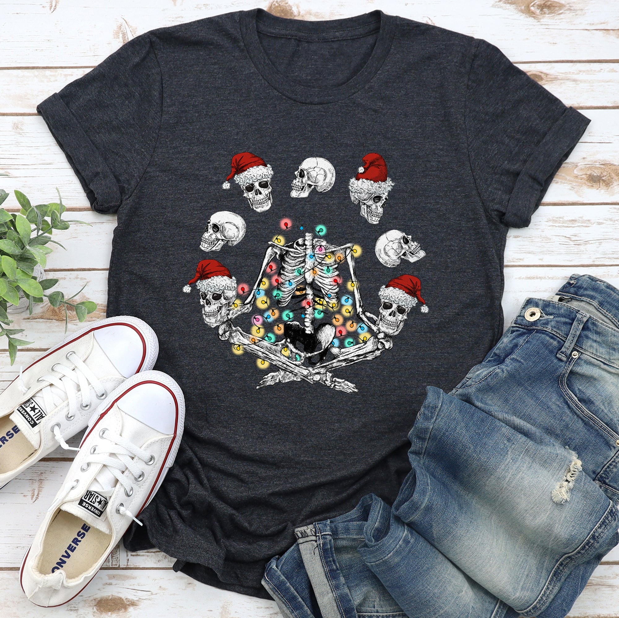 Skeleton Christmas Juggling Santa Yoga Sleigh Ride Parade Mischief Holiday Cheer Graphic Tee