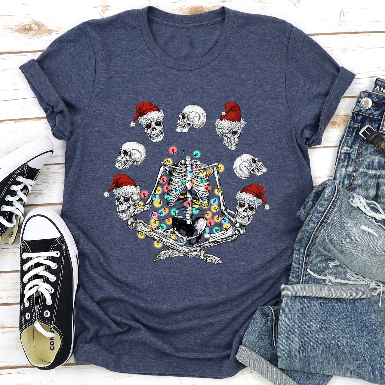 Skeleton Christmas Juggling Santa Yoga Sleigh Ride Parade Mischief Holiday Cheer Graphic Tee