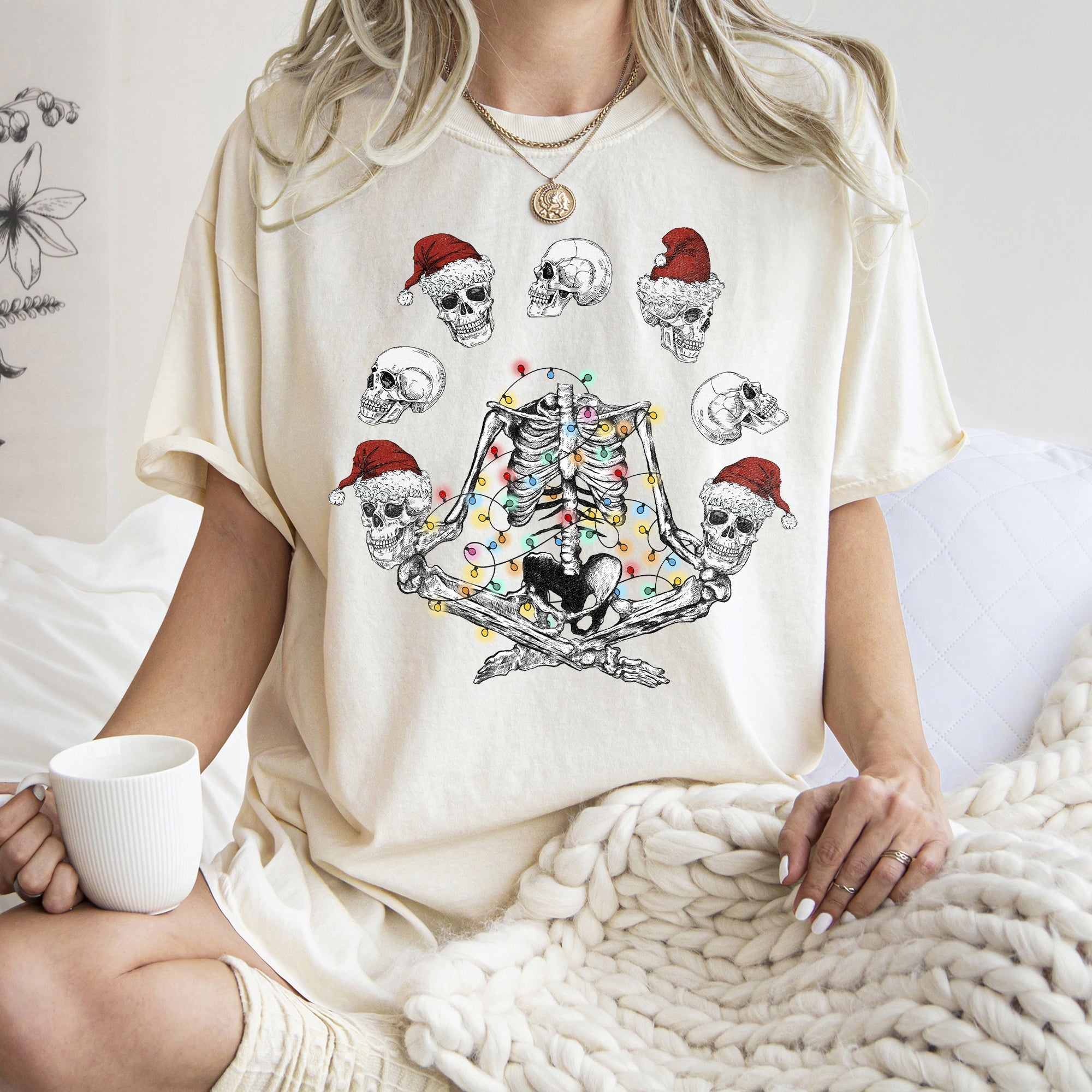 Skeleton Christmas Juggling Yoga Santa Claus Festive Holiday Party Artwork Comfort Colors Tee