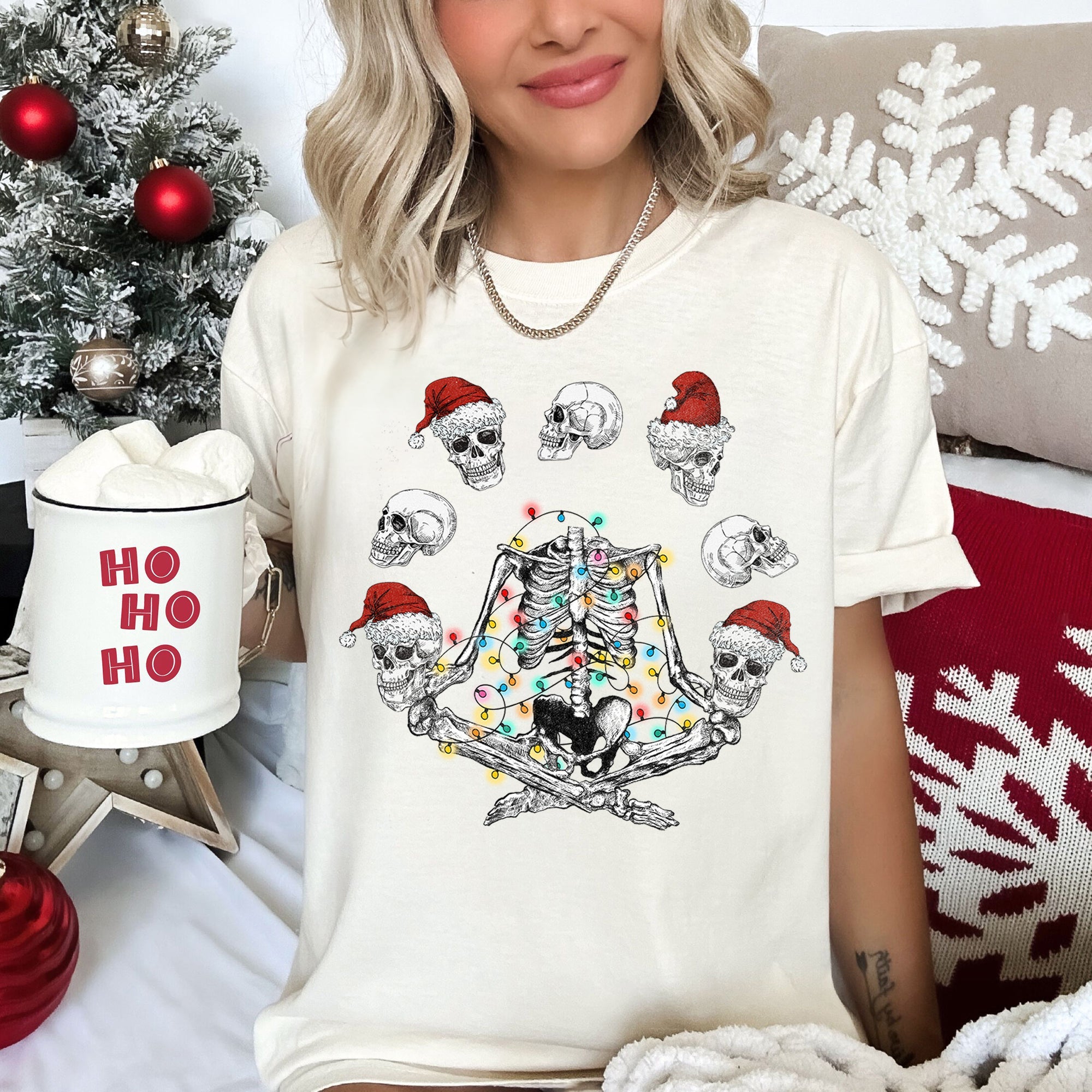 Skeleton Christmas Juggling Yoga Santa Claus Festive Holiday Party Artwork Comfort Colors Tee