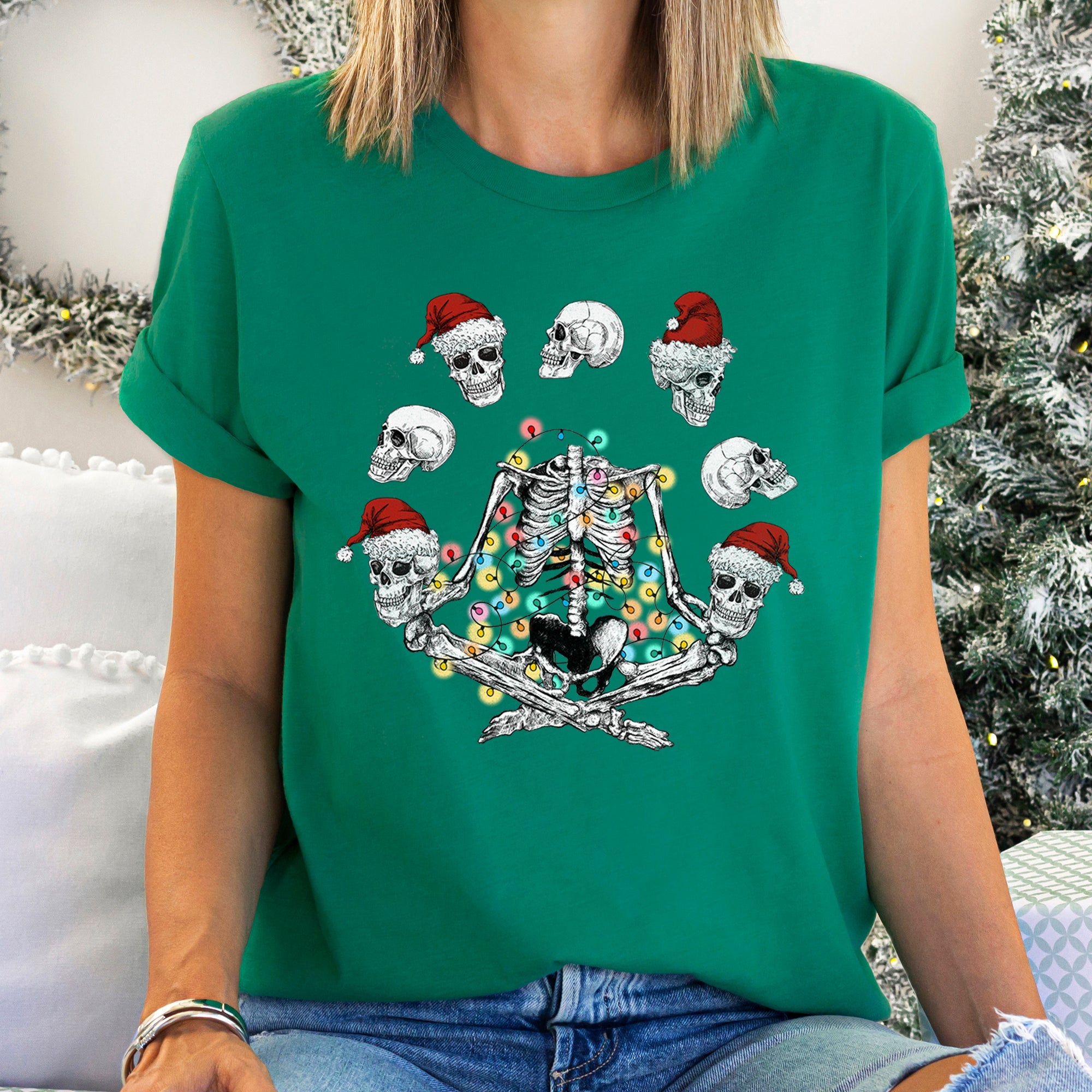 Skeleton Christmas Juggling Santa Yoga Sleigh Ride Parade Mischief Holiday Cheer Graphic Tee