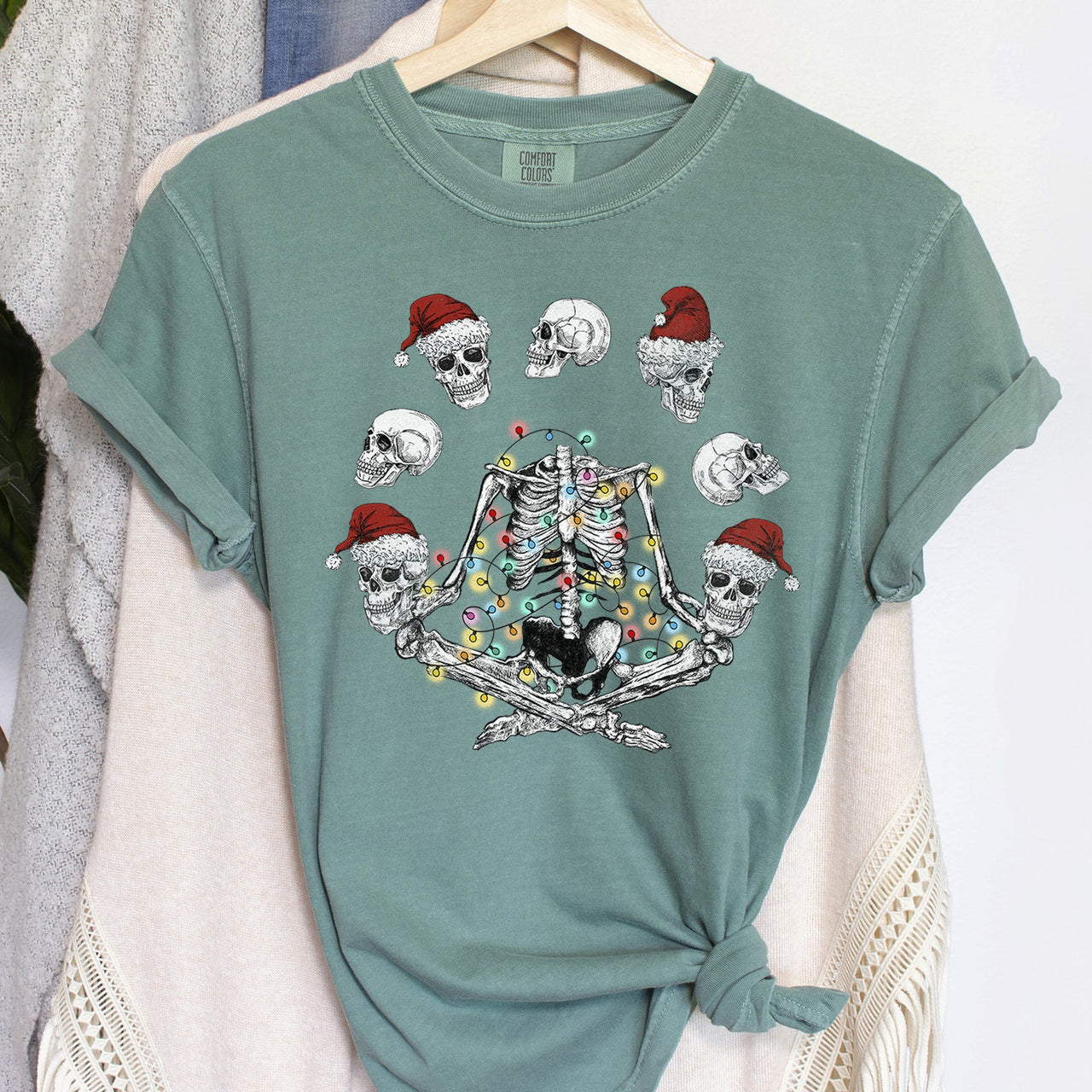 Skeleton Christmas Juggling Yoga Santa Claus Festive Holiday Party Artwork Comfort Colors Tee