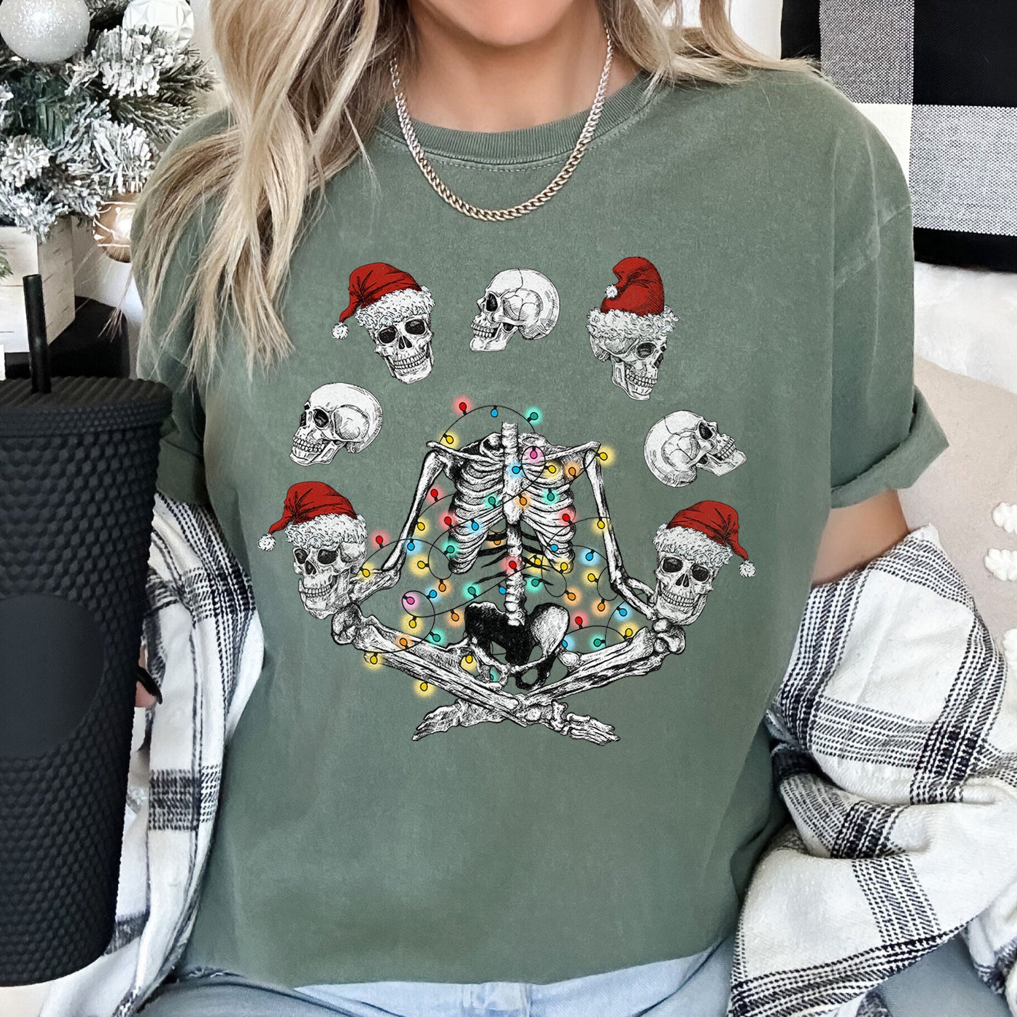 Skeleton Christmas Juggling Yoga Santa Claus Festive Holiday Party Artwork Comfort Colors Tee