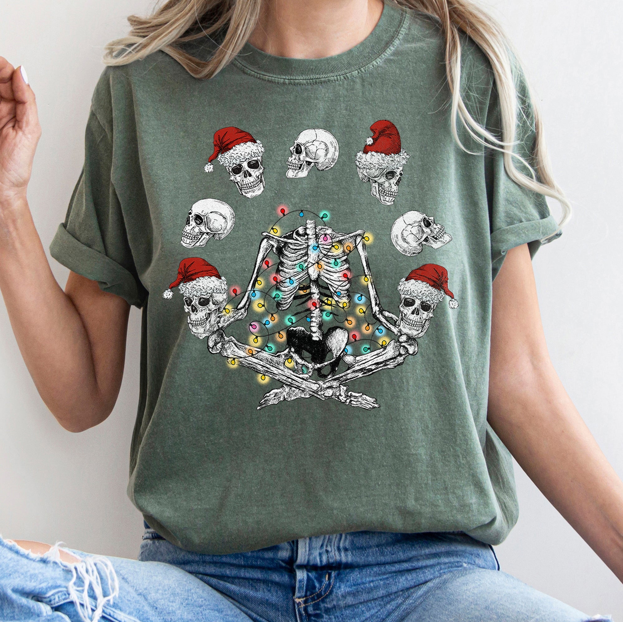 Skeleton Christmas Juggling Yoga Santa Claus Festive Holiday Party Artwork Comfort Colors Tee