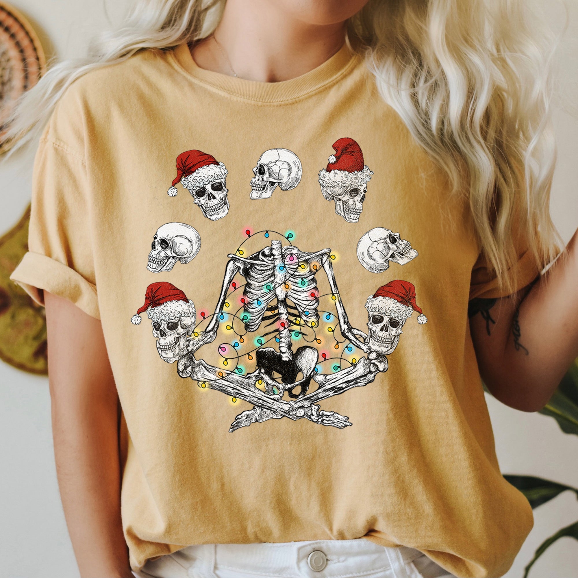 Skeleton Christmas Juggling Yoga Santa Claus Festive Holiday Party Artwork Comfort Colors Tee
