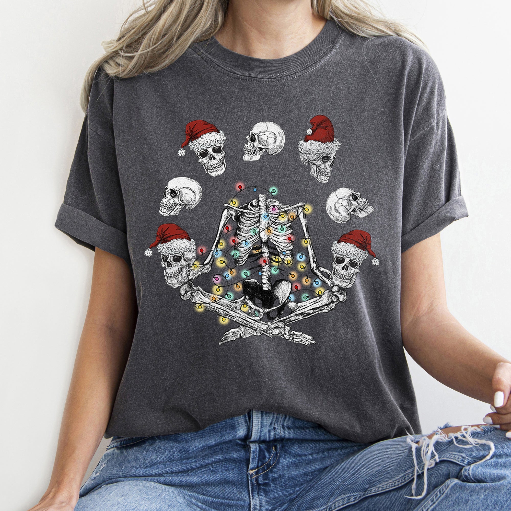 Skeleton Christmas Juggling Yoga Santa Claus Festive Holiday Party Artwork Comfort Colors Tee