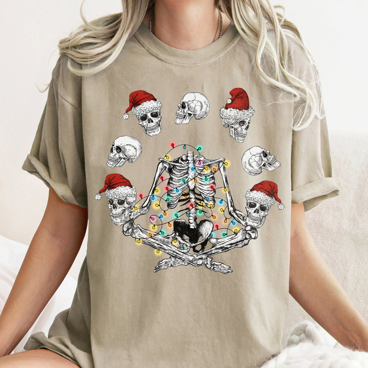 Skeleton Christmas Juggling Yoga Santa Claus Festive Holiday Party Artwork Comfort Colors Tee