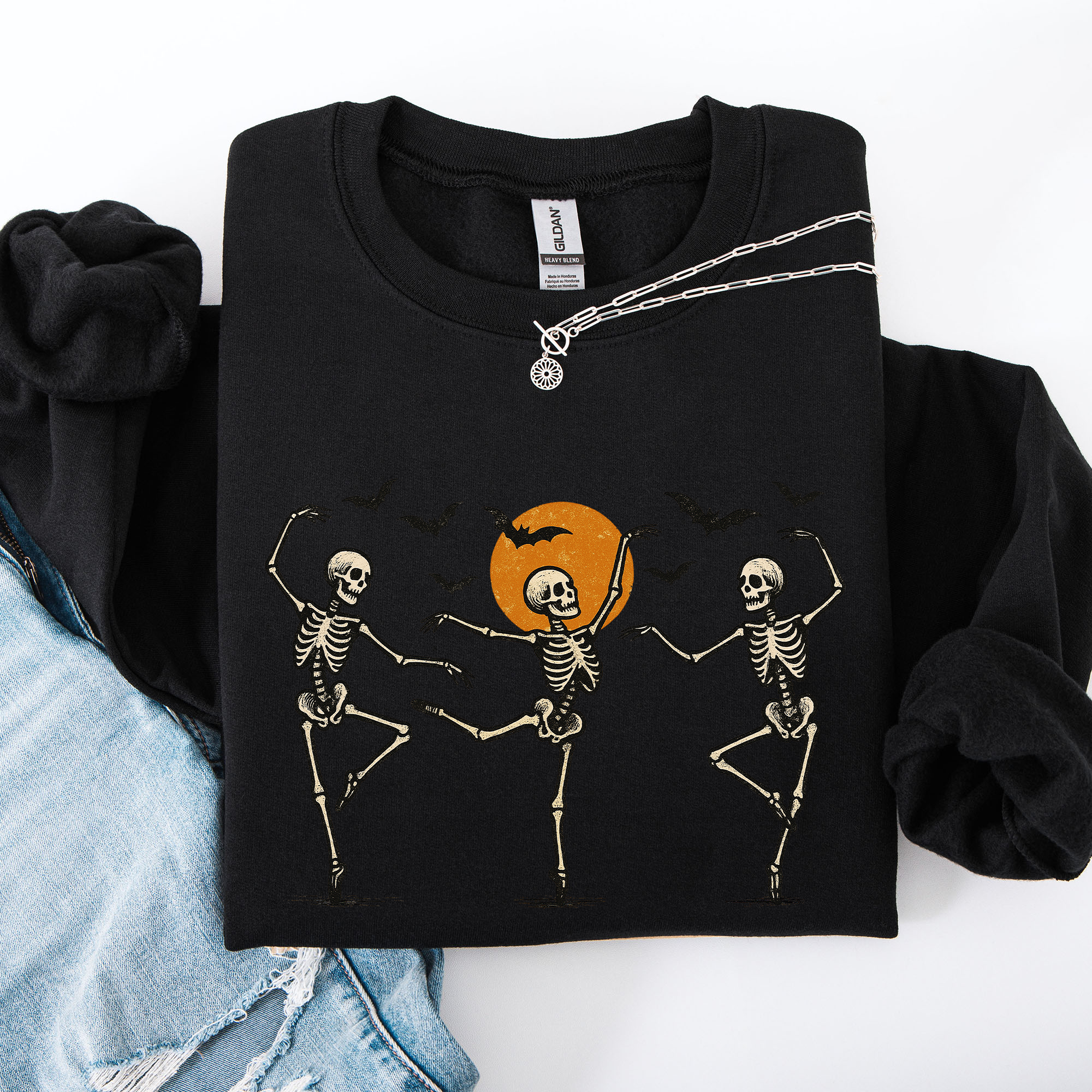 Skeleton Dancers Halloween Parade Vintage Moonlit Street Scene Cozy Retro Sweatshirt