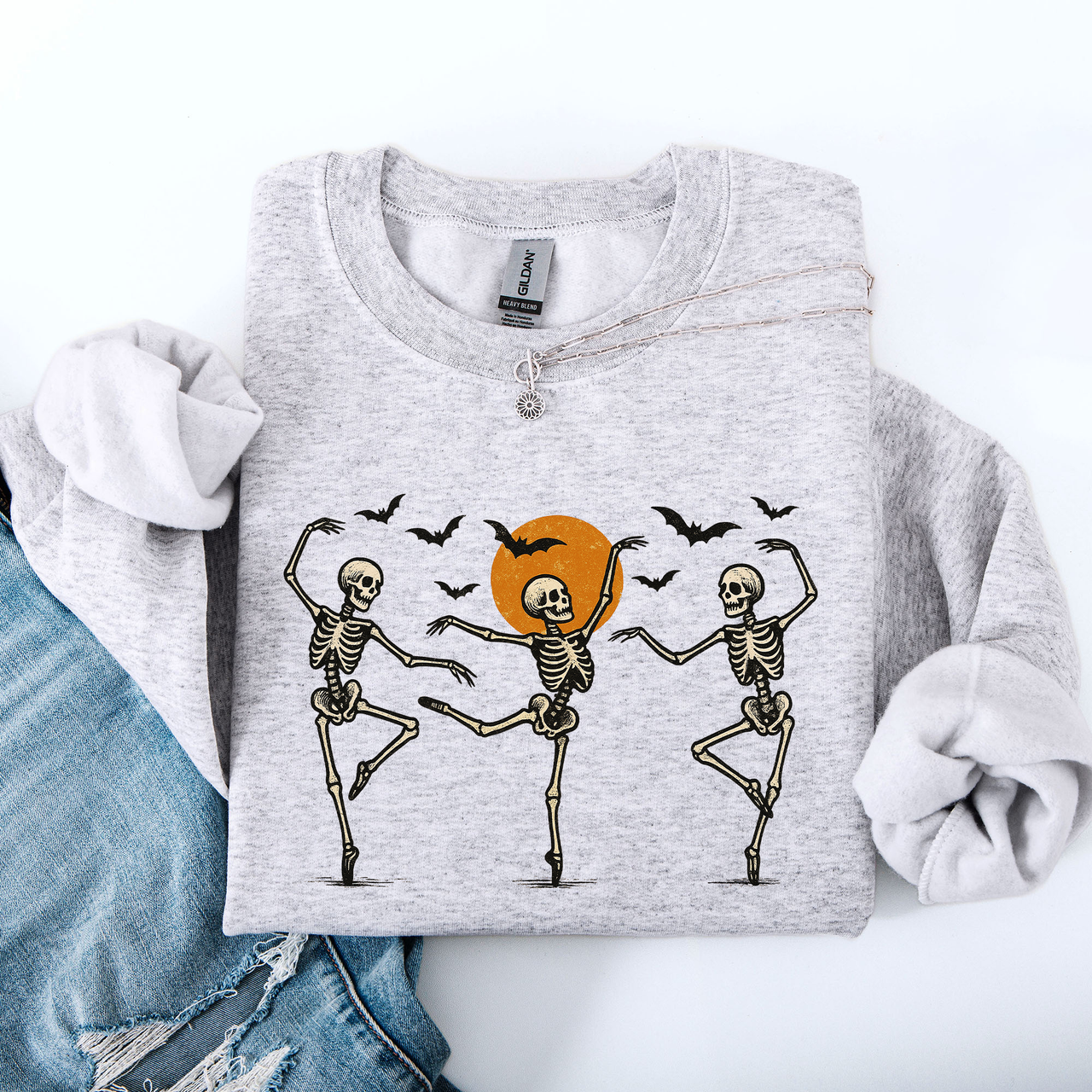 Skeleton Dancers Halloween Parade Vintage Moonlit Street Scene Cozy Retro Sweatshirt