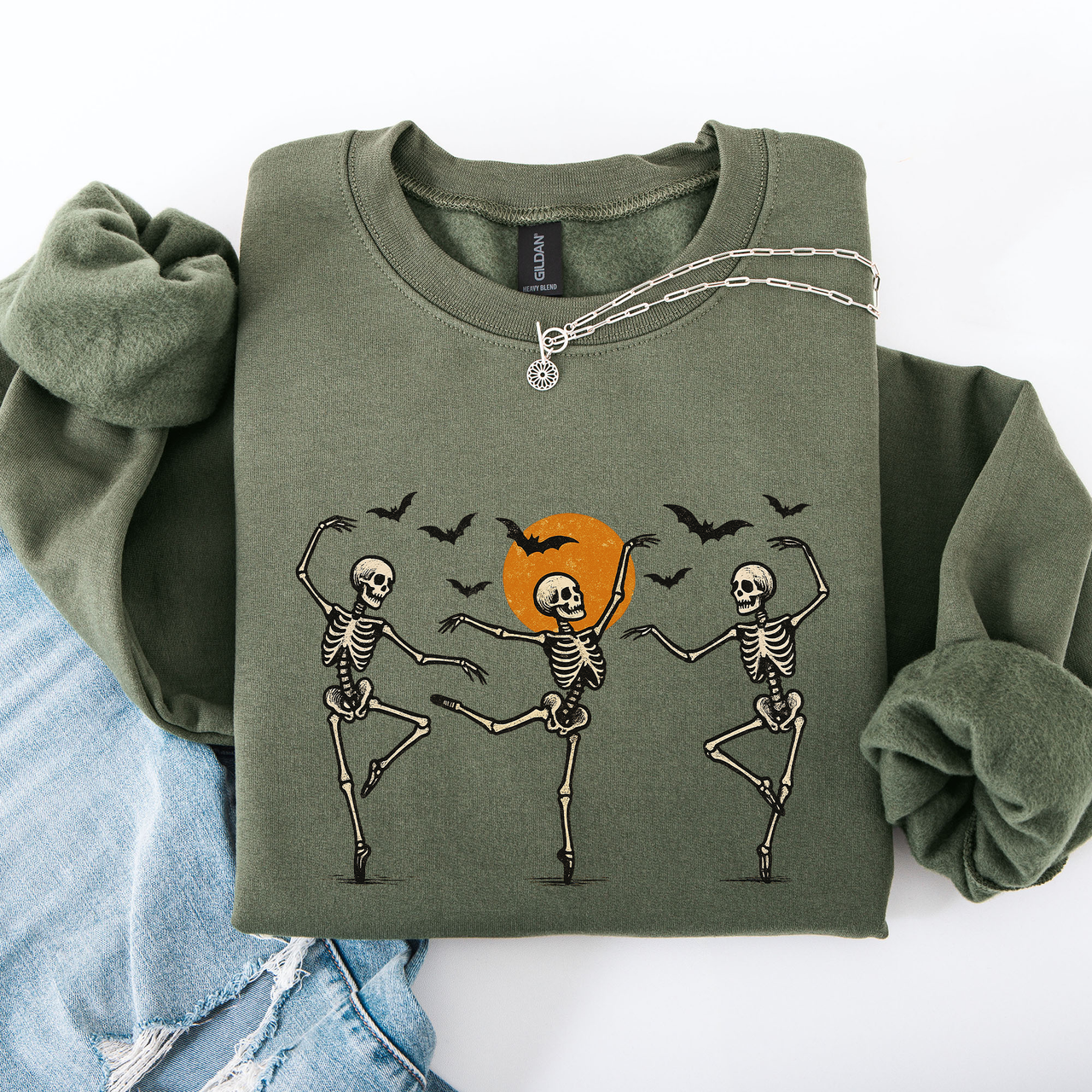 Skeleton Dancers Halloween Parade Vintage Moonlit Street Scene Cozy Retro Sweatshirt