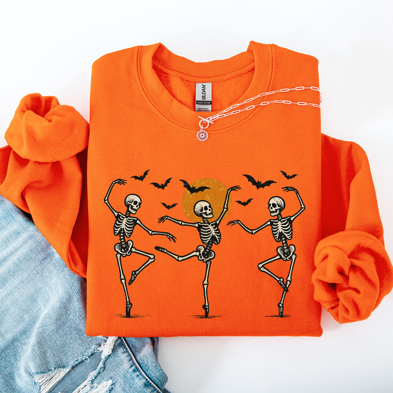 Skeleton Dancers Halloween Parade Vintage Moonlit Street Scene Cozy Retro Sweatshirt