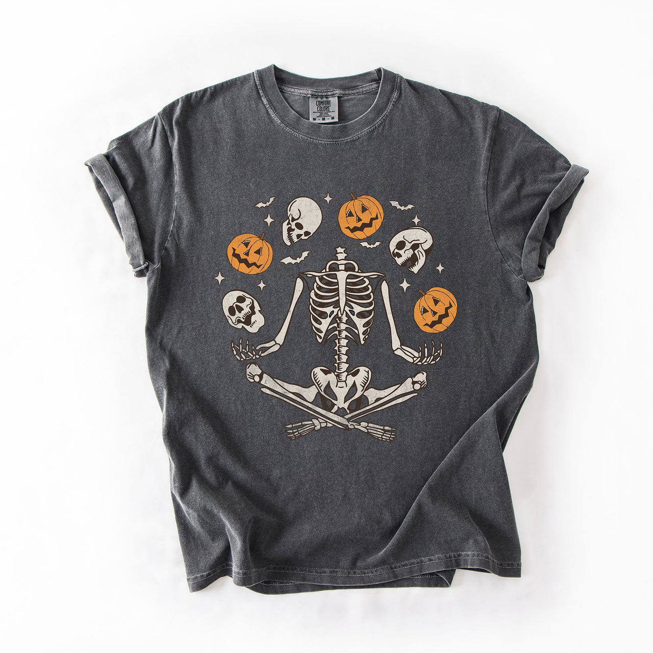 Skeleton Juggling Halloween Jack O Lantern Artwork Featuring Retro Vibes Comfort Colors Tee