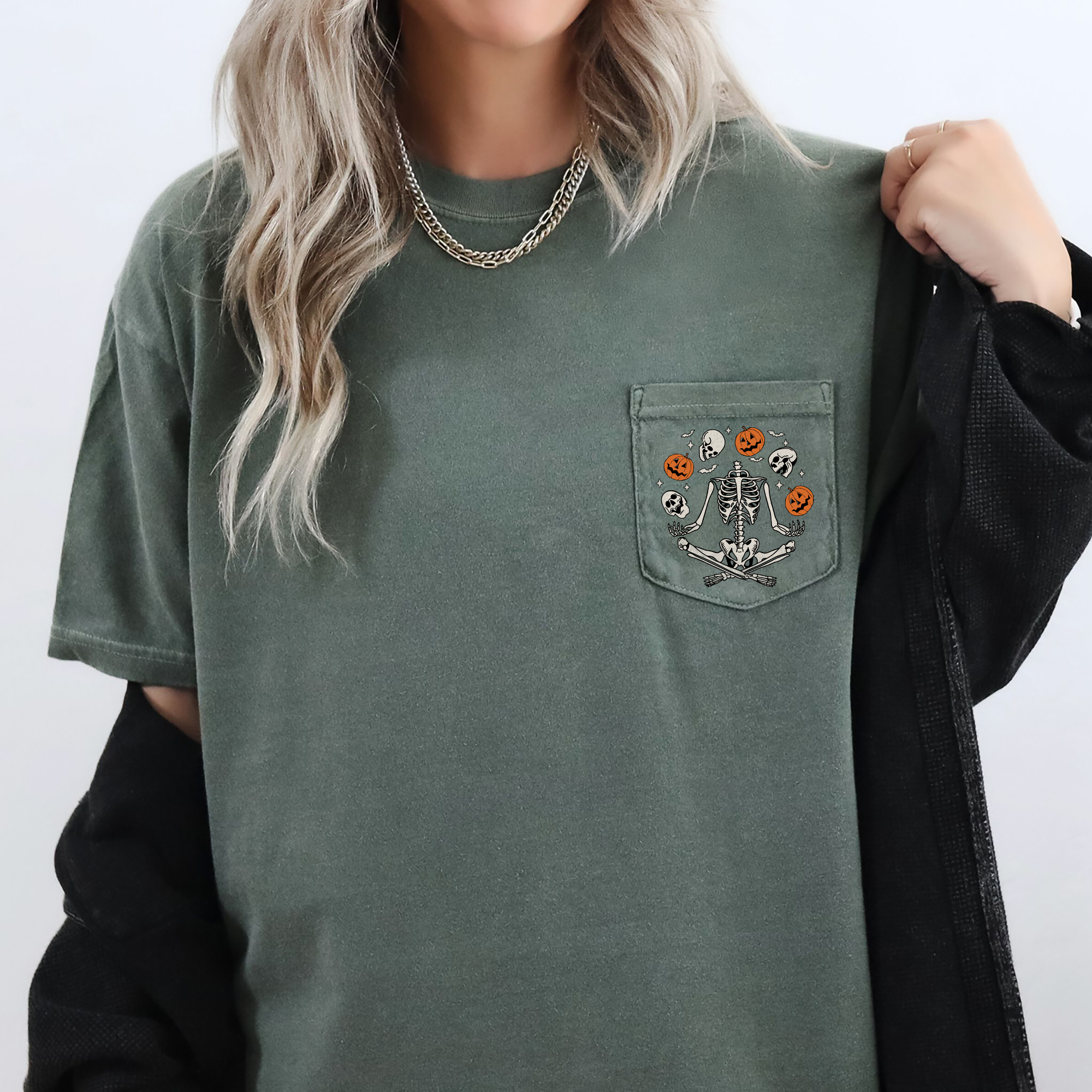 Skeleton Juggling Halloween Jack O Lantern Pocket Scene With Spooky Nighttime Charm Comfort Colors Tee