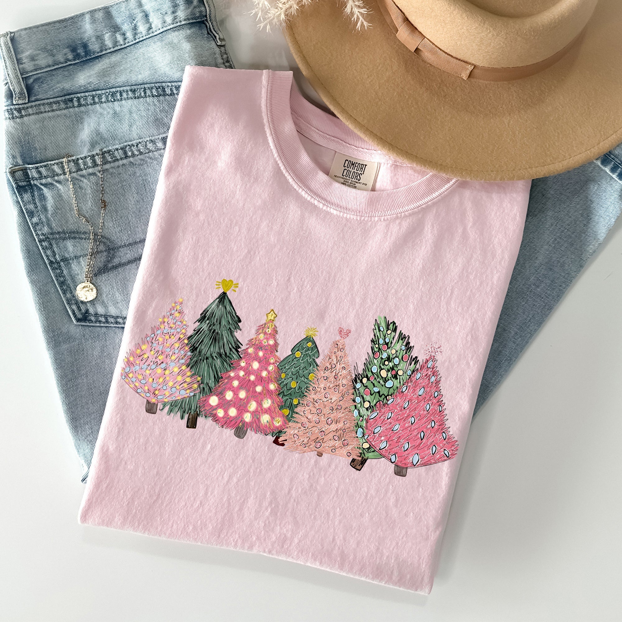 Sketched Christmas Trees Christmas Heart Vibrant Winter Snow Xmas Comfort Colors Tee