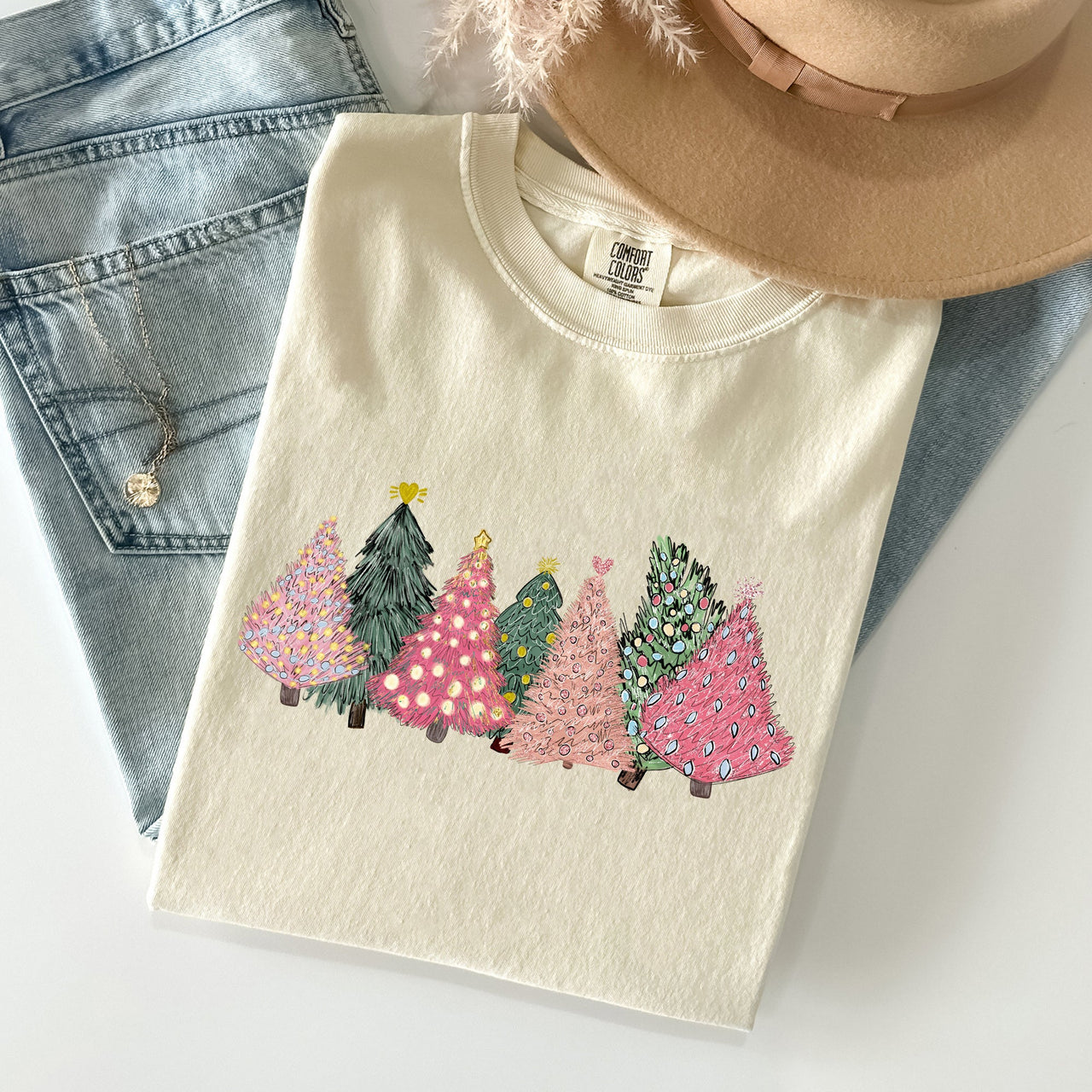 Sketched Christmas Trees Christmas Heart Vibrant Winter Snow Xmas Comfort Colors Tee