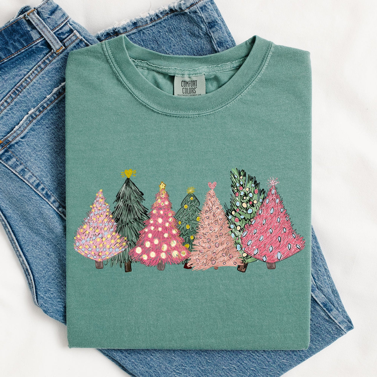 Sketched Christmas Trees Christmas Heart Vibrant Winter Snow Xmas Comfort Colors Tee