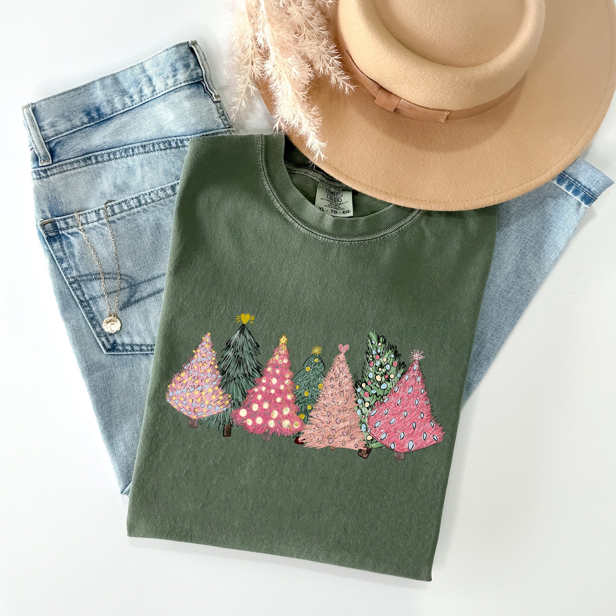 Sketched Christmas Trees Christmas Heart Vibrant Winter Snow Xmas Comfort Colors Tee