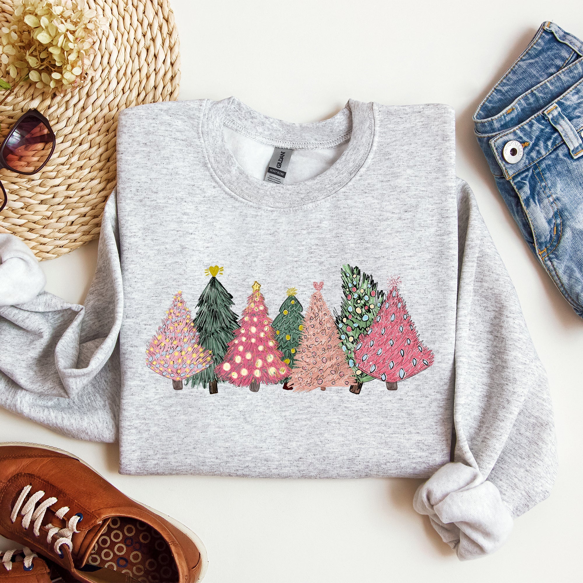 Sketched Christmas Trees And Christmas Heart Festive Winter Scene With Joyful Holiday Glow Sweatshirt