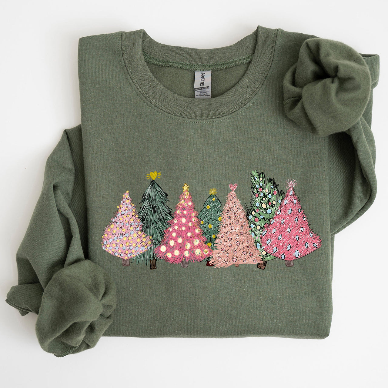 Sketched Christmas Trees And Christmas Heart Festive Winter Scene With Joyful Holiday Glow Sweatshirt