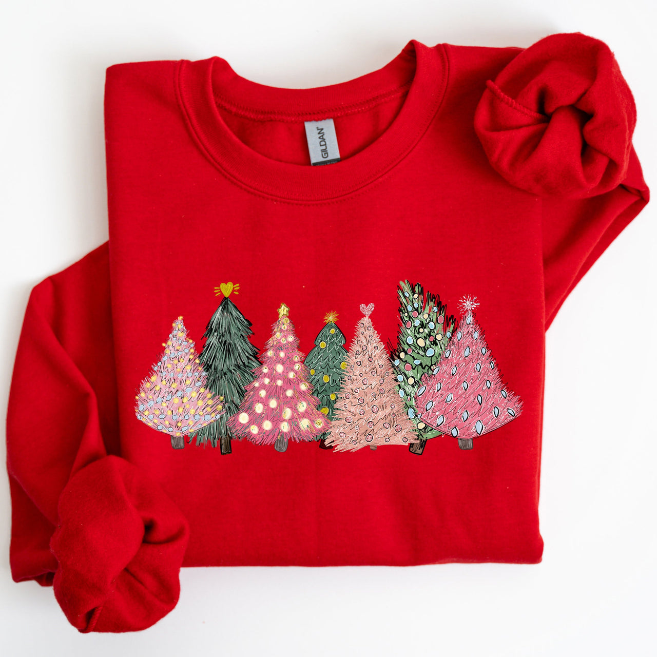 Sketched Christmas Trees And Christmas Heart Festive Winter Scene With Joyful Holiday Glow Sweatshirt