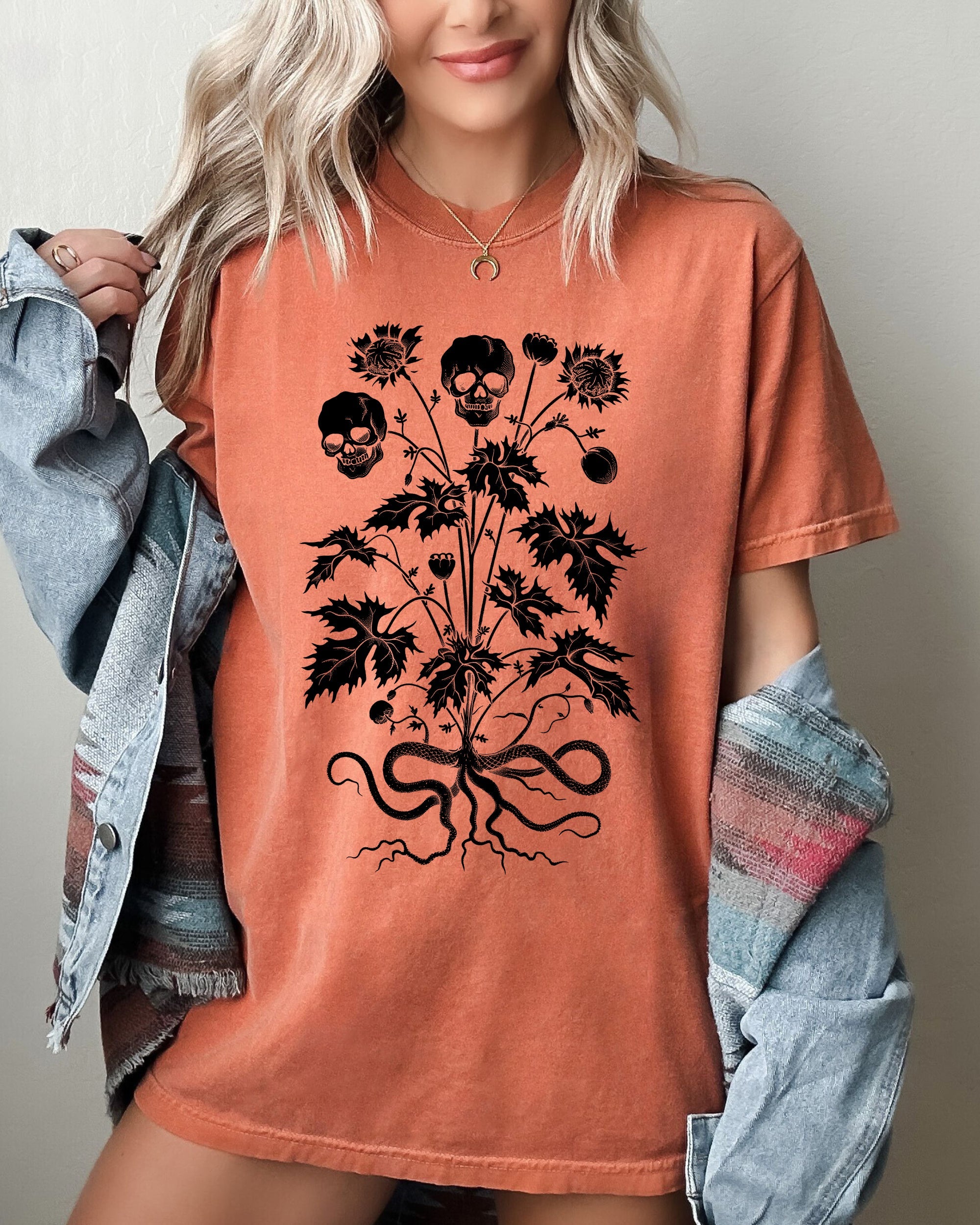 Skull Flower Botanical Halloween Skeleton Spooky Snakes Art Collection Comfort Colors Tee