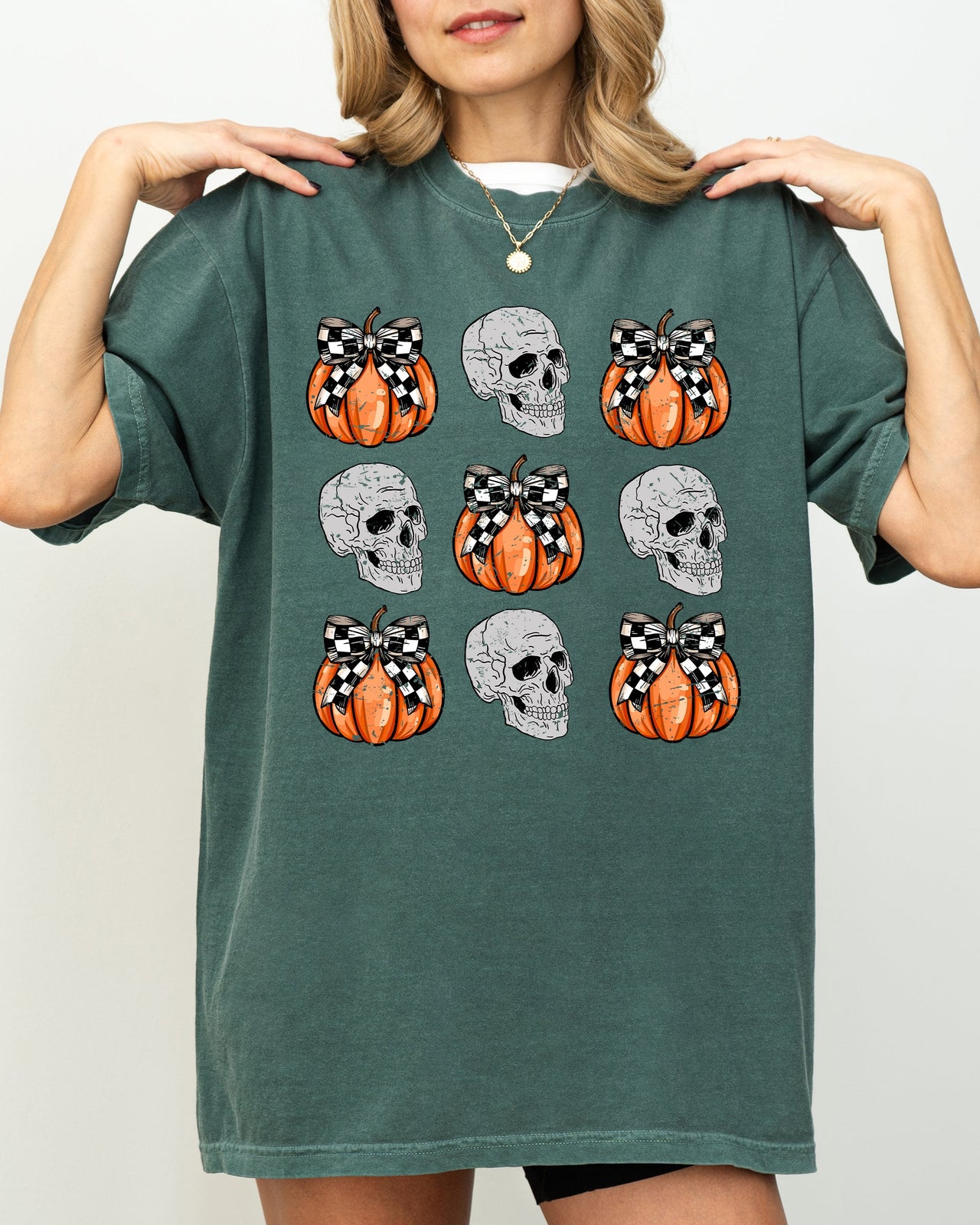 Skulls and Checkered Pumpkins, Coquette Ribbons and Bows Halloween Edition Comfort Colors Tee