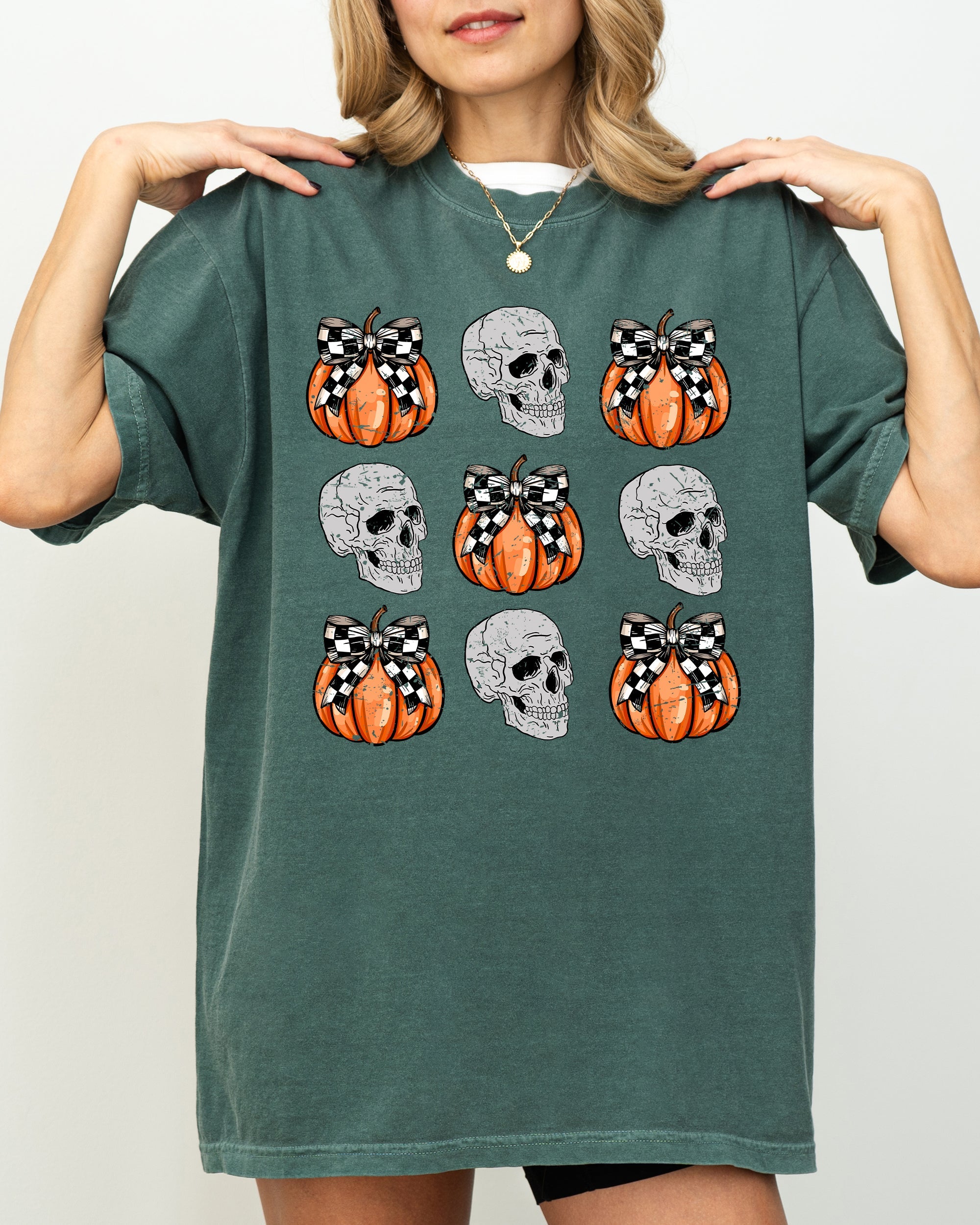 Skulls and Checkered Pumpkins, Coquette Ribbons and Bows Halloween Edition Comfort Colors Tee