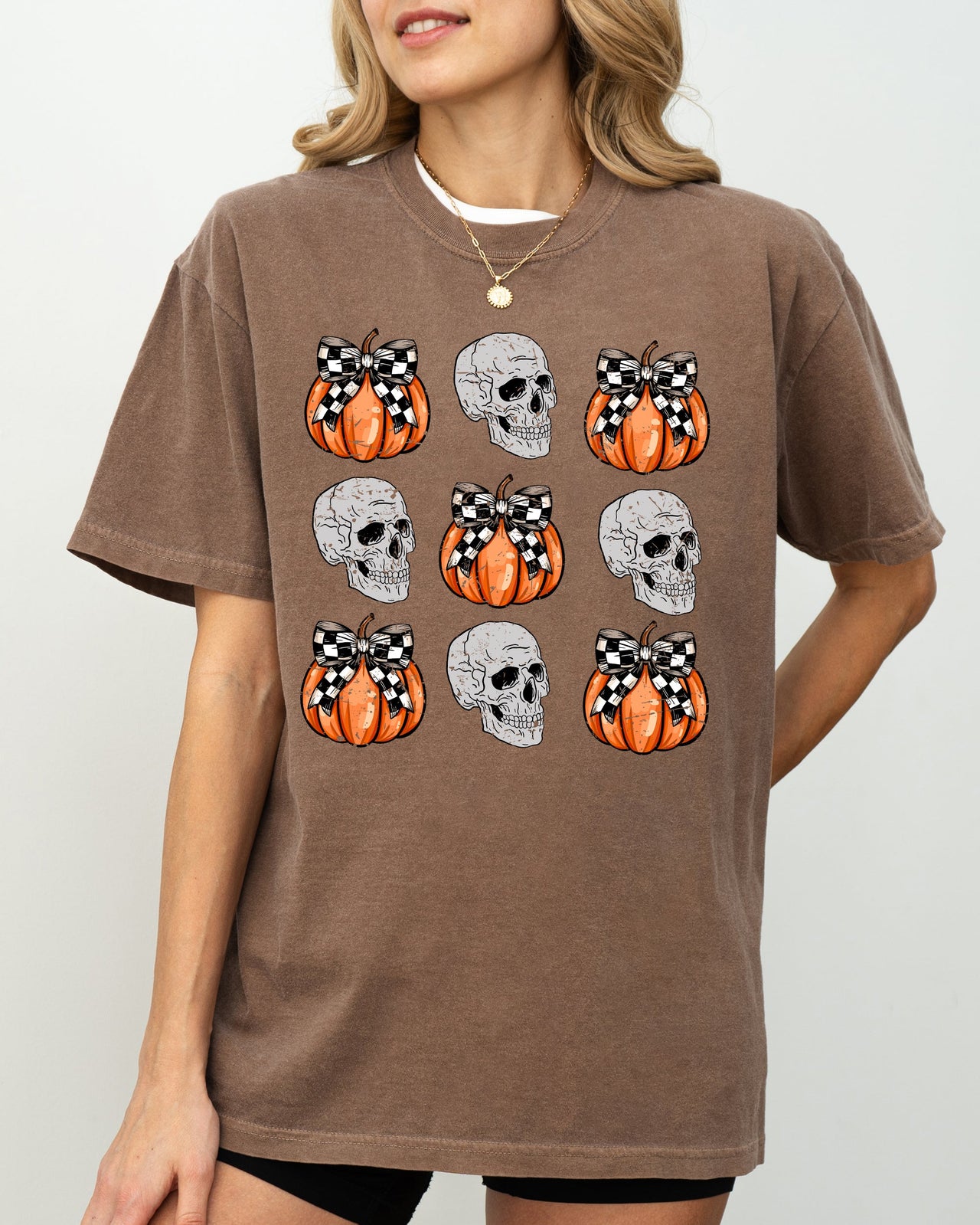 Skulls and Checkered Pumpkins, Coquette Ribbons and Bows Halloween Edition Comfort Colors Tee