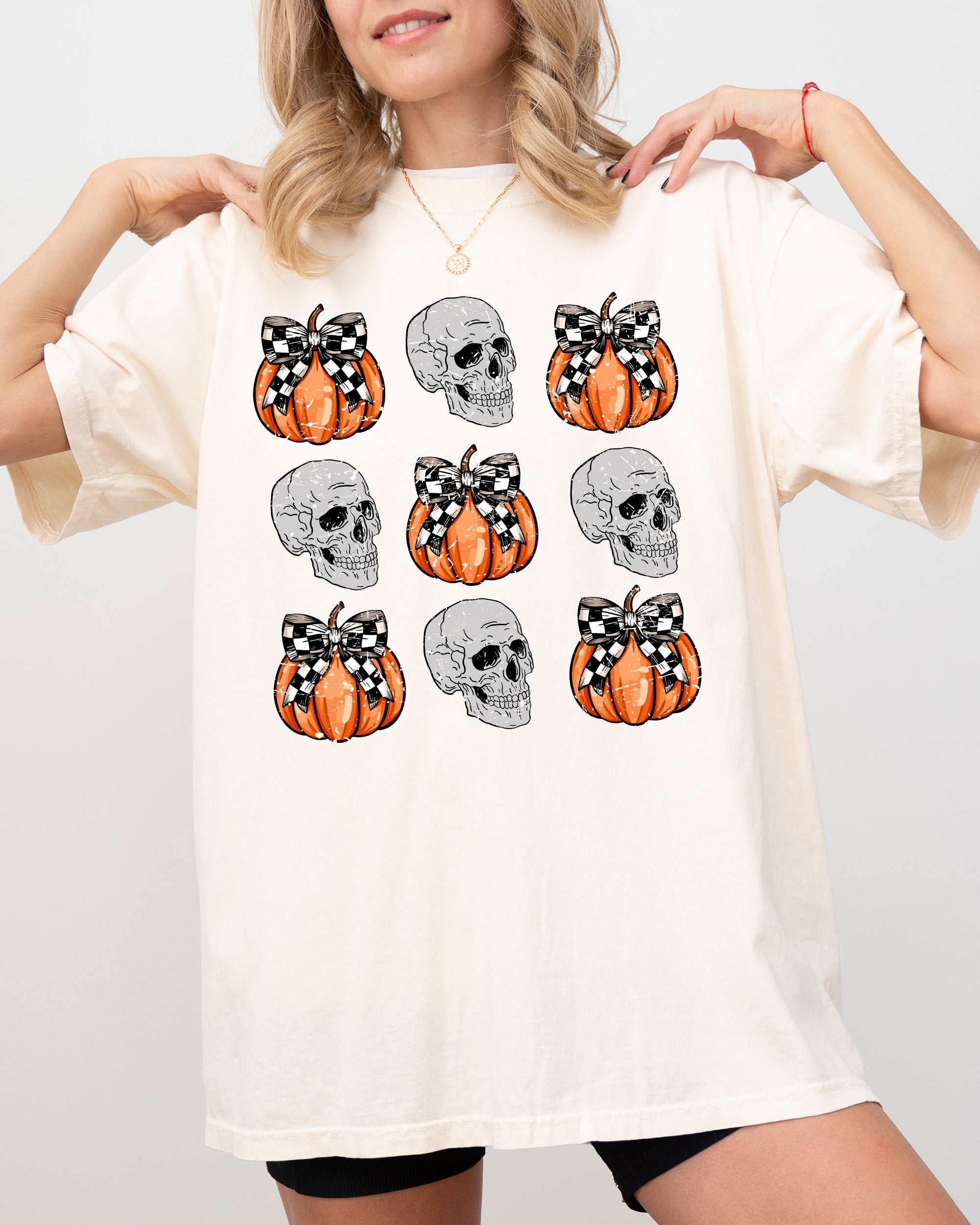 Skulls and Checkered Pumpkins, Coquette Ribbons and Bows Halloween Edition Comfort Colors Tee