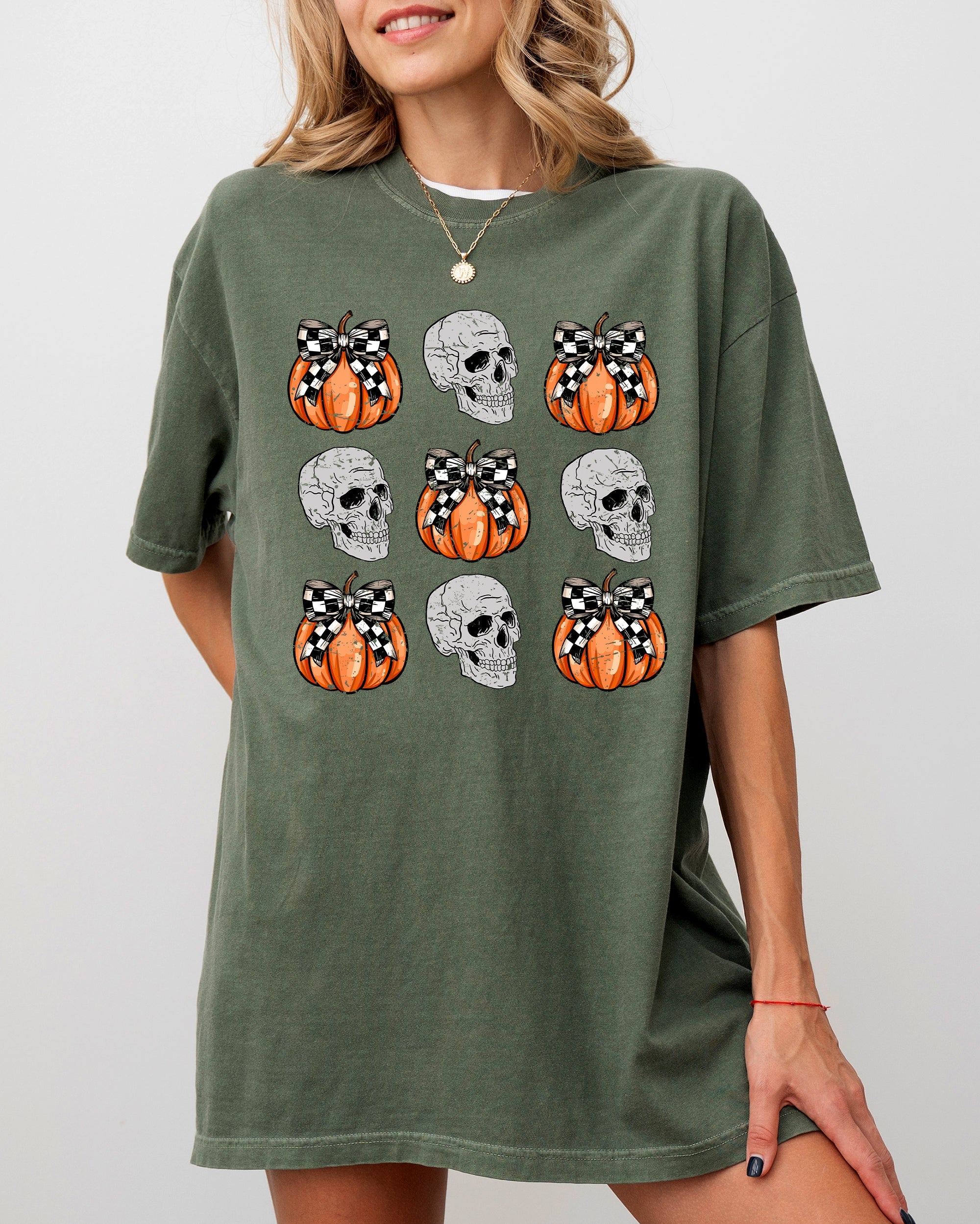 Skulls and Checkered Pumpkins, Coquette Ribbons and Bows Halloween Edition Comfort Colors Tee