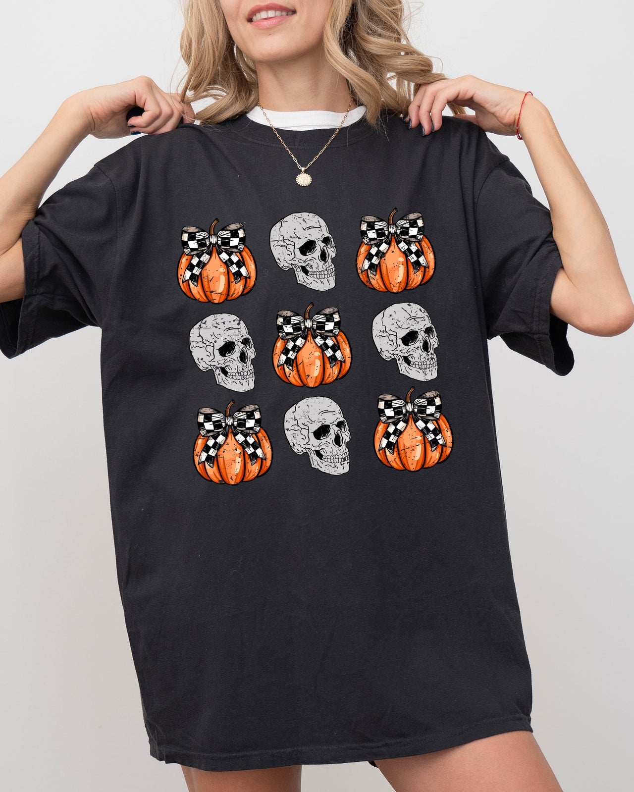 Skulls and Checkered Pumpkins, Coquette Ribbons and Bows Halloween Edition Comfort Colors Tee