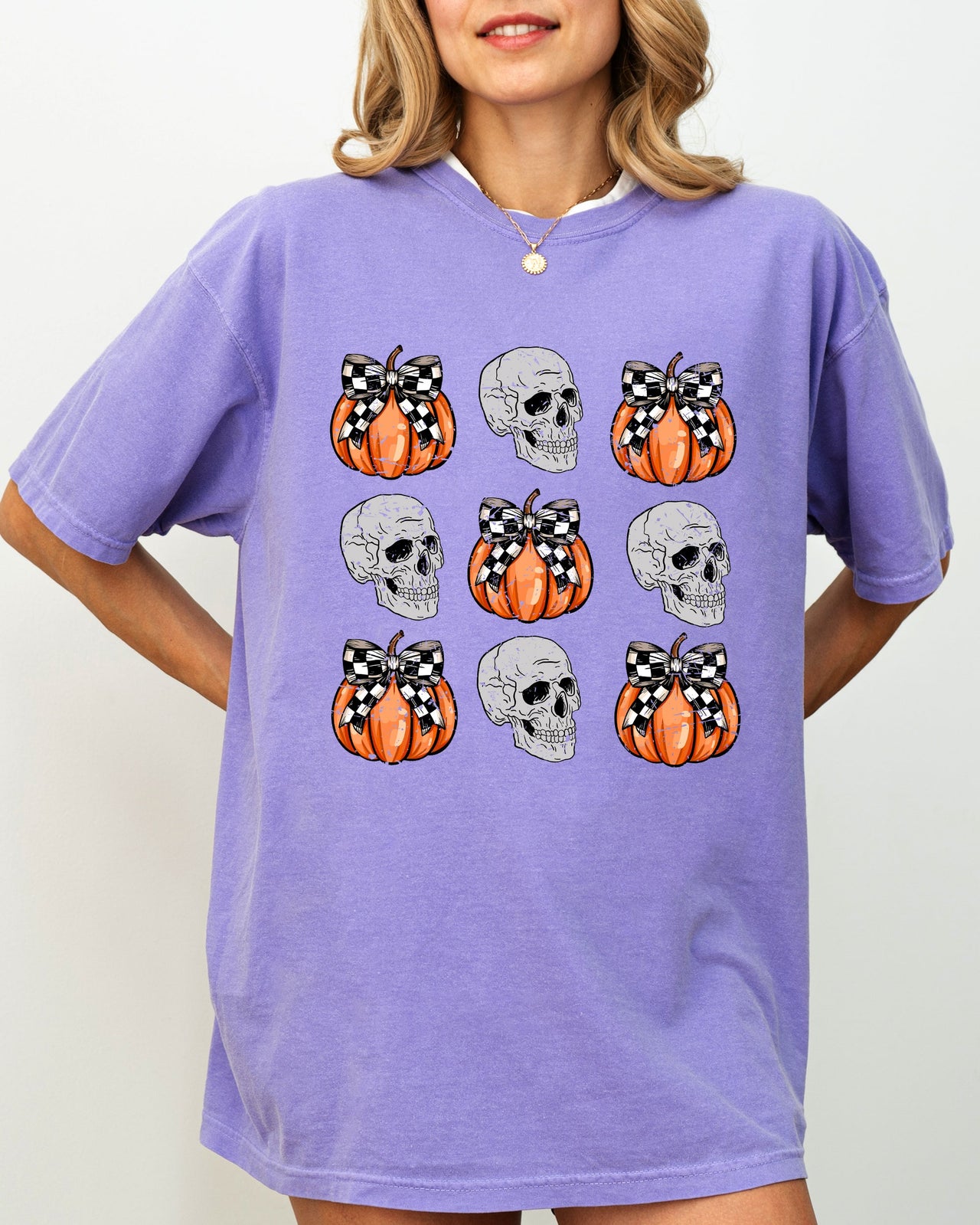 Skulls and Checkered Pumpkins, Coquette Ribbons and Bows Halloween Edition Comfort Colors Tee