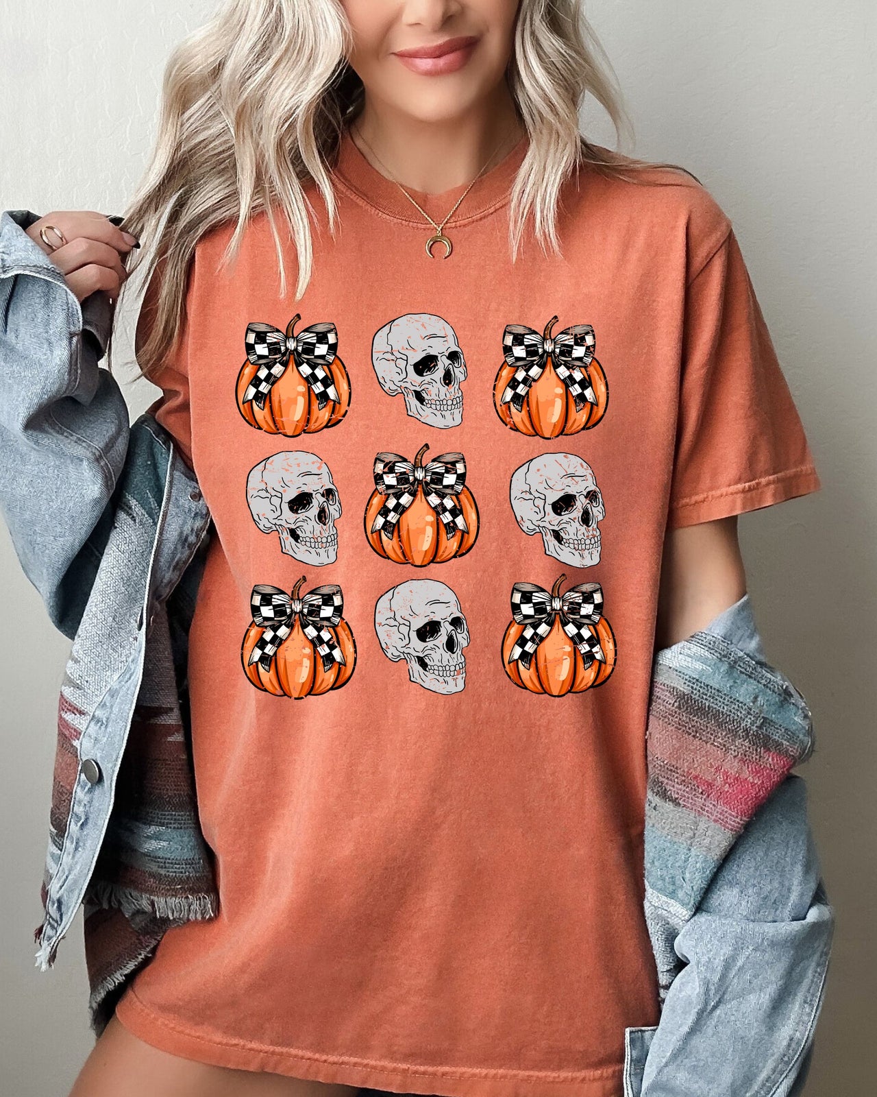 Skulls and Checkered Pumpkins, Coquette Ribbons and Bows Halloween Edition Comfort Colors Tee