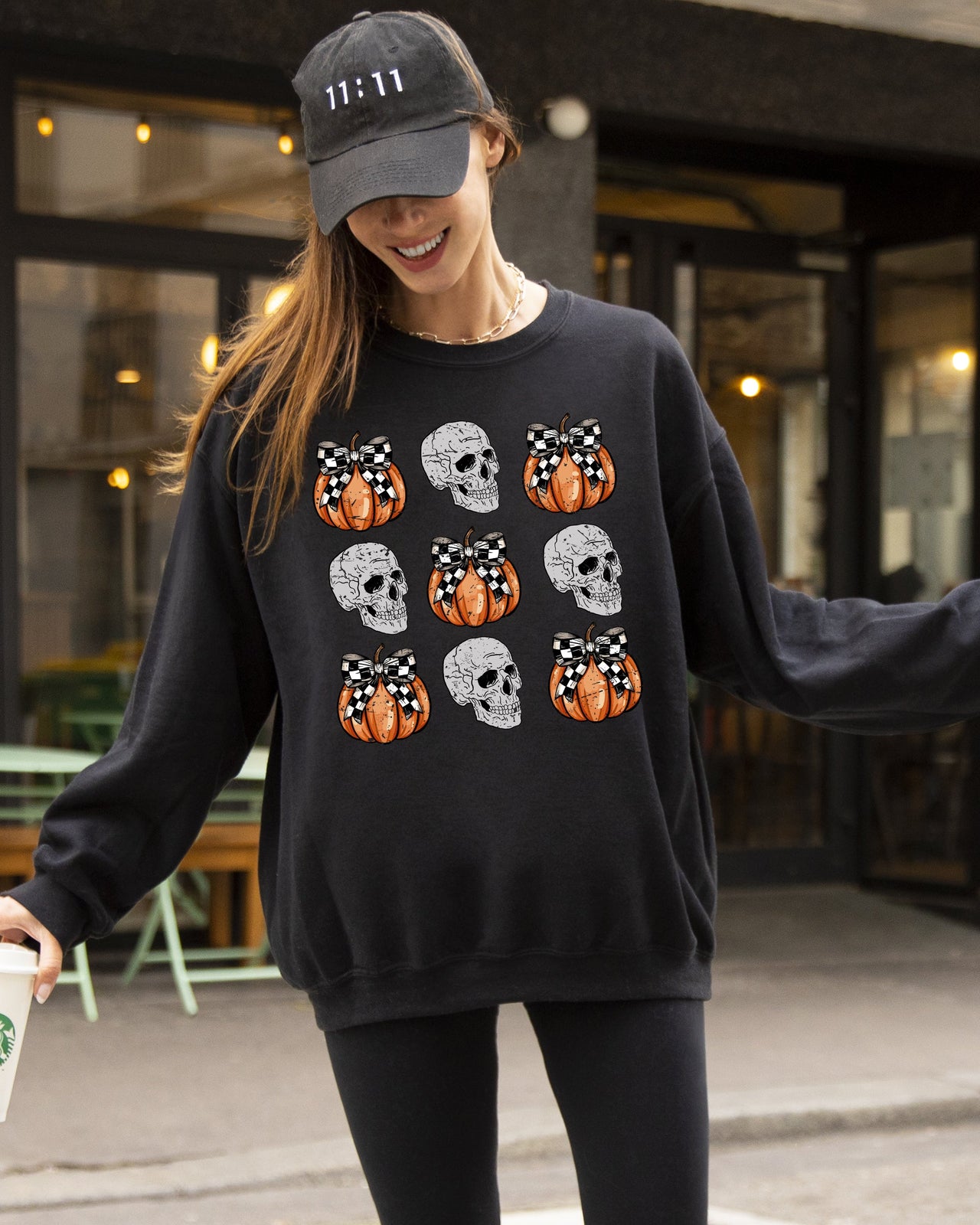Skulls And Checkered Pumpkins Coquette Ribbons And Bows Halloween Inspired Sweatshirt