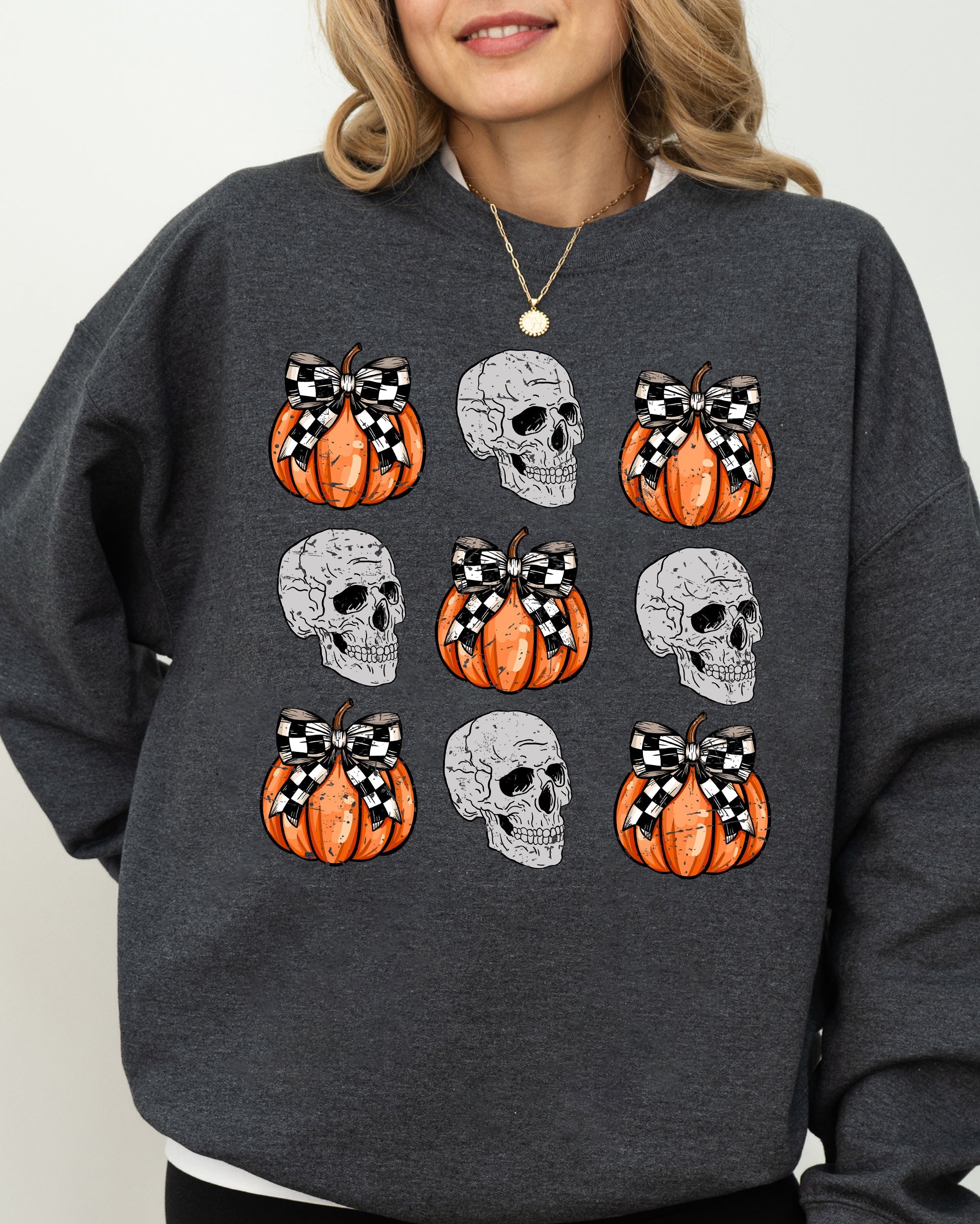 Skulls And Checkered Pumpkins Coquette Ribbons And Bows Halloween Inspired Sweatshirt