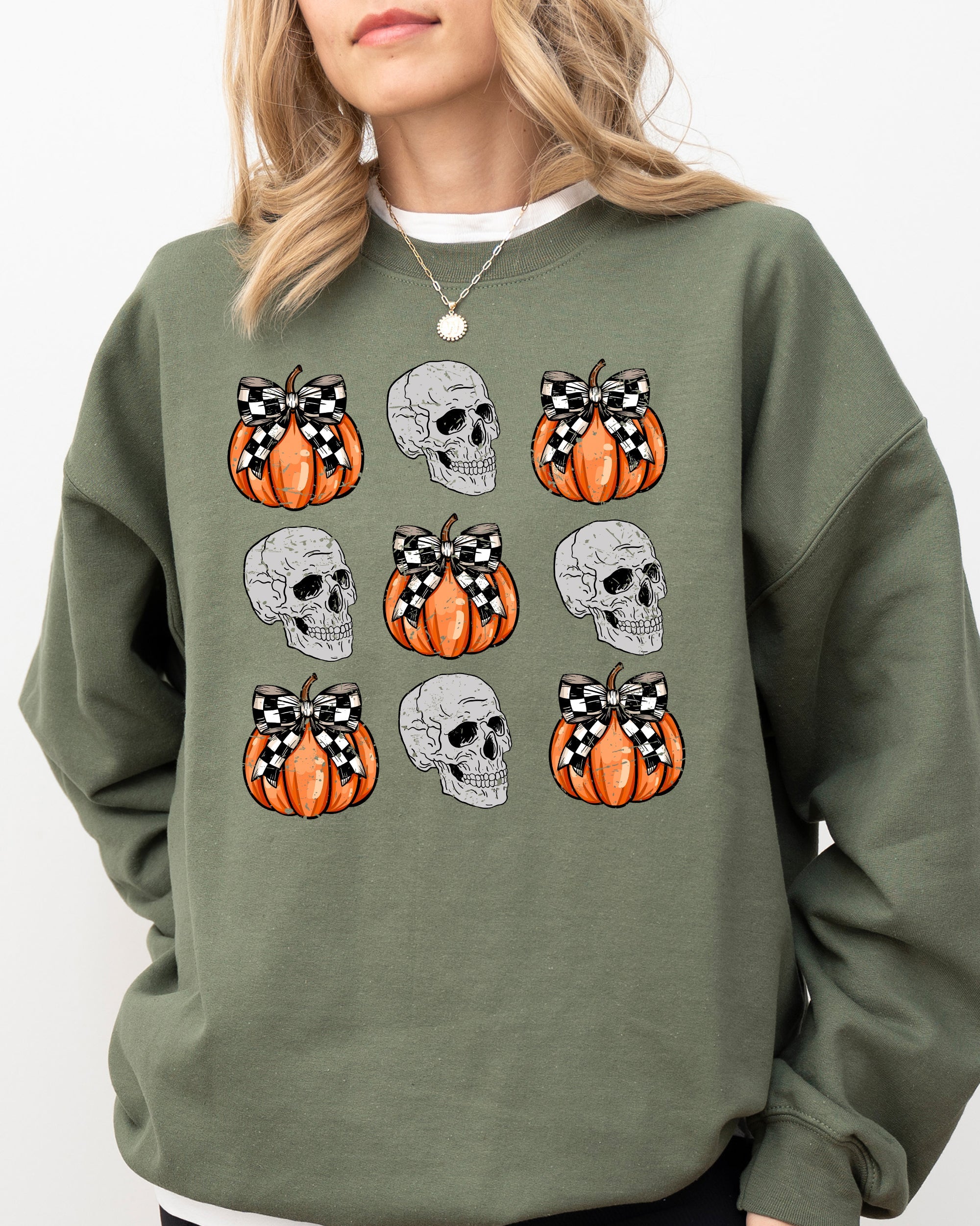 Skulls And Checkered Pumpkins Coquette Ribbons And Bows Halloween Inspired Sweatshirt