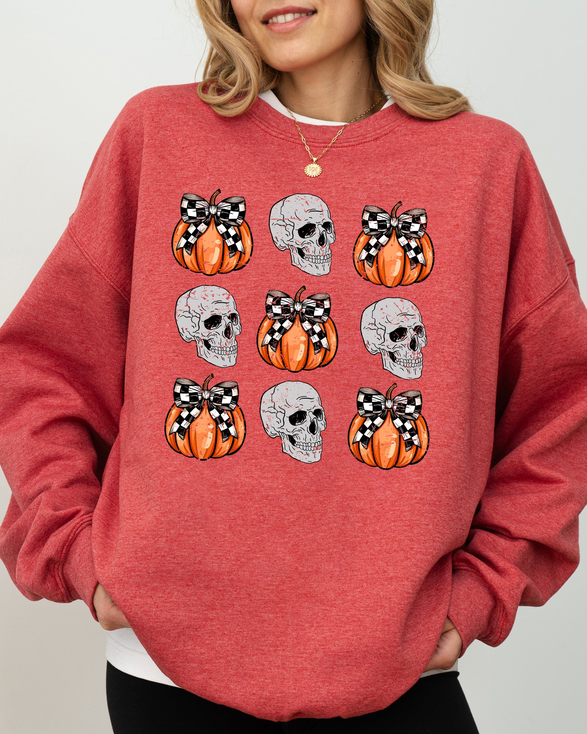 Skulls And Checkered Pumpkins Coquette Ribbons And Bows Halloween Inspired Sweatshirt