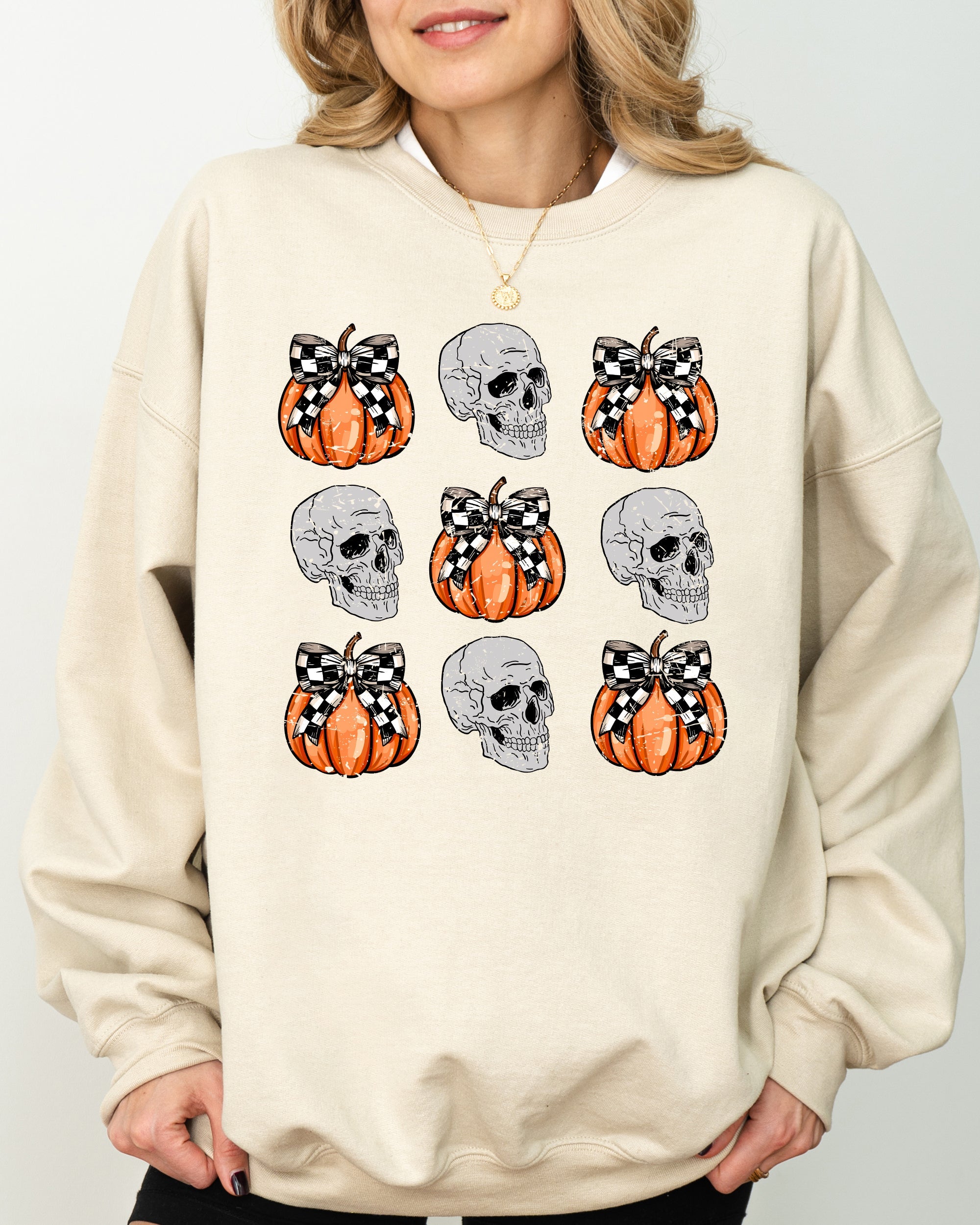 Skulls And Checkered Pumpkins Coquette Ribbons And Bows Halloween Inspired Sweatshirt