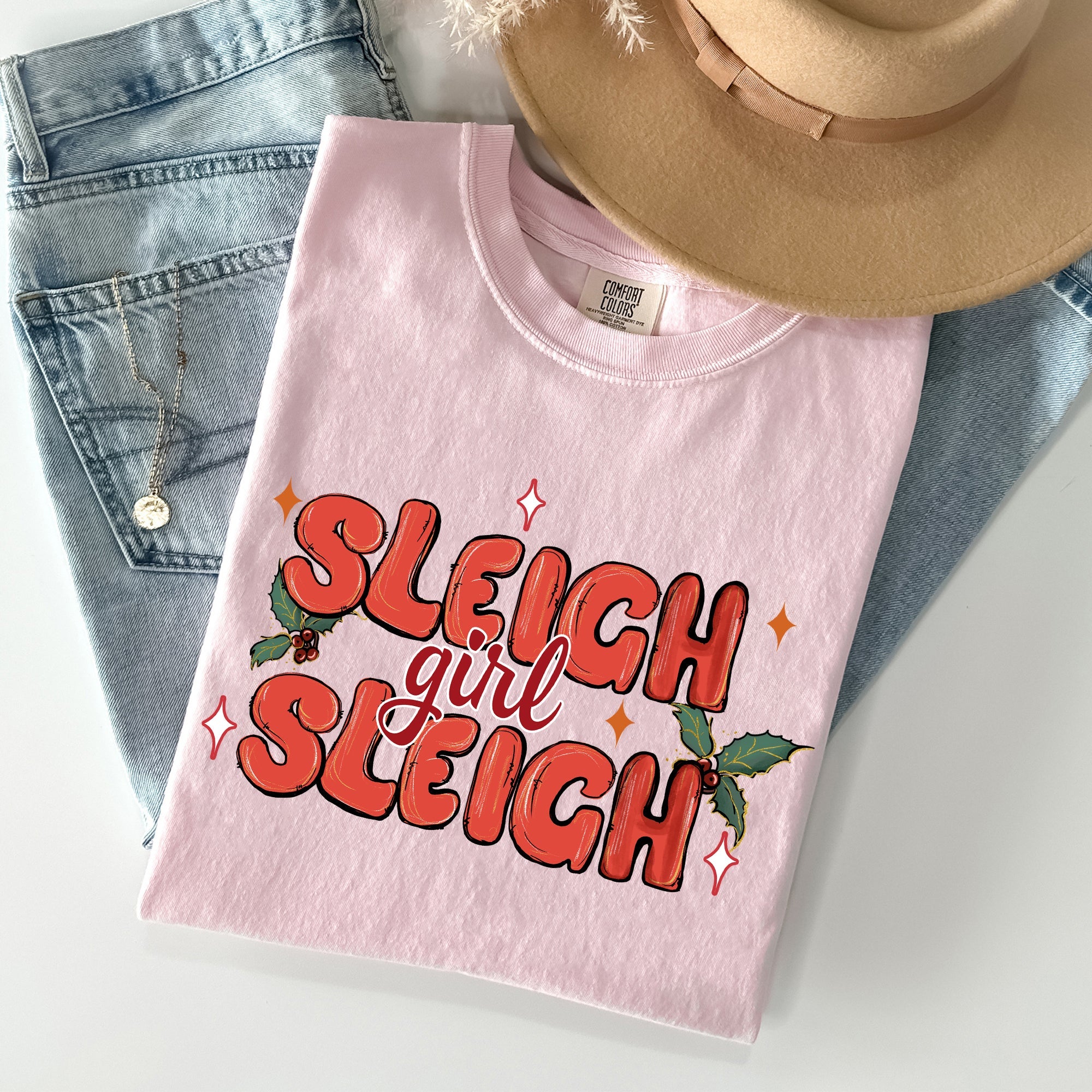 Sleigh Girl Sleigh Christmas Holly Retro Santa Xmas Seasonal Graphic Ornament Comfort Colors Tee
