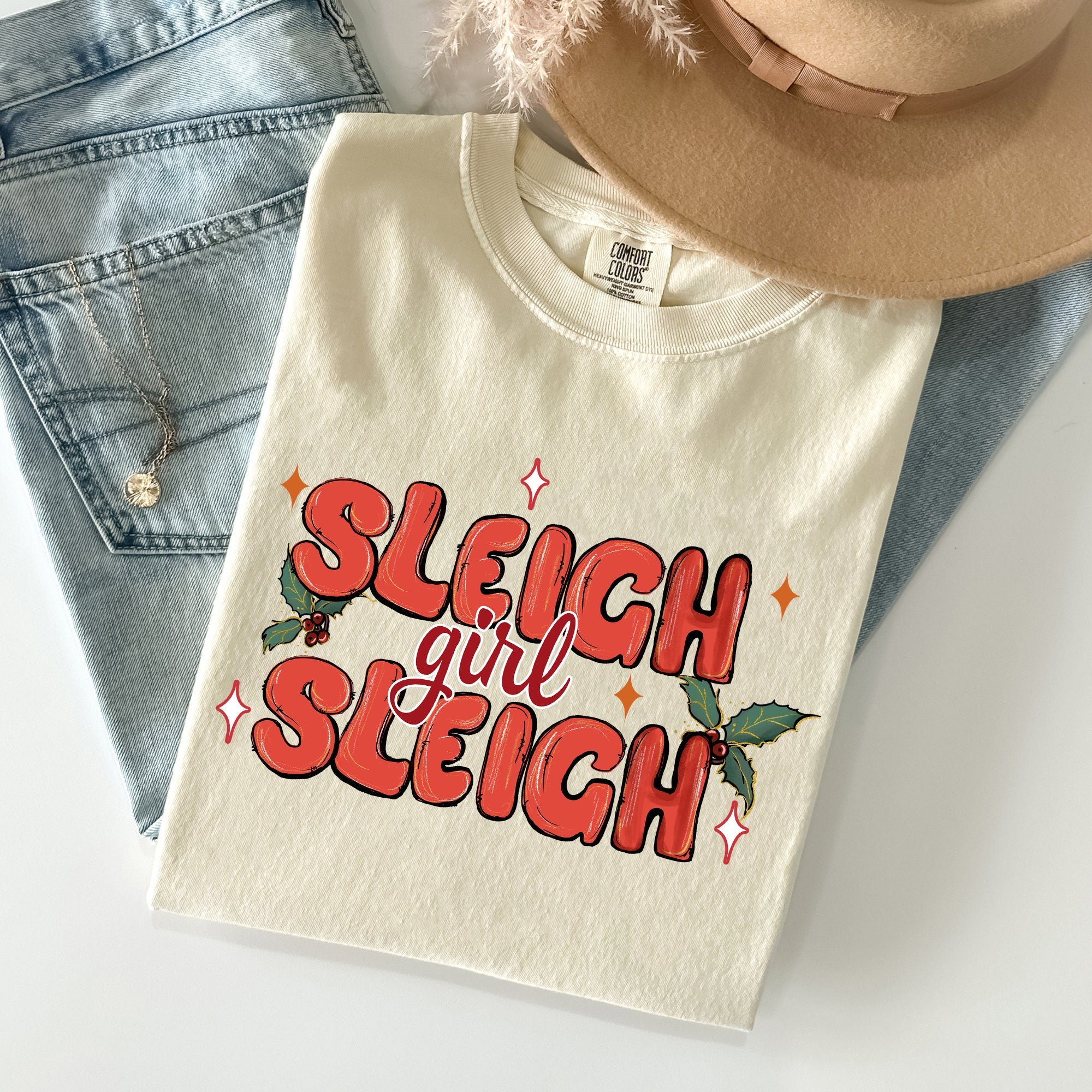 Sleigh Girl Sleigh Christmas Holly Retro Santa Xmas Seasonal Graphic Ornament Comfort Colors Tee