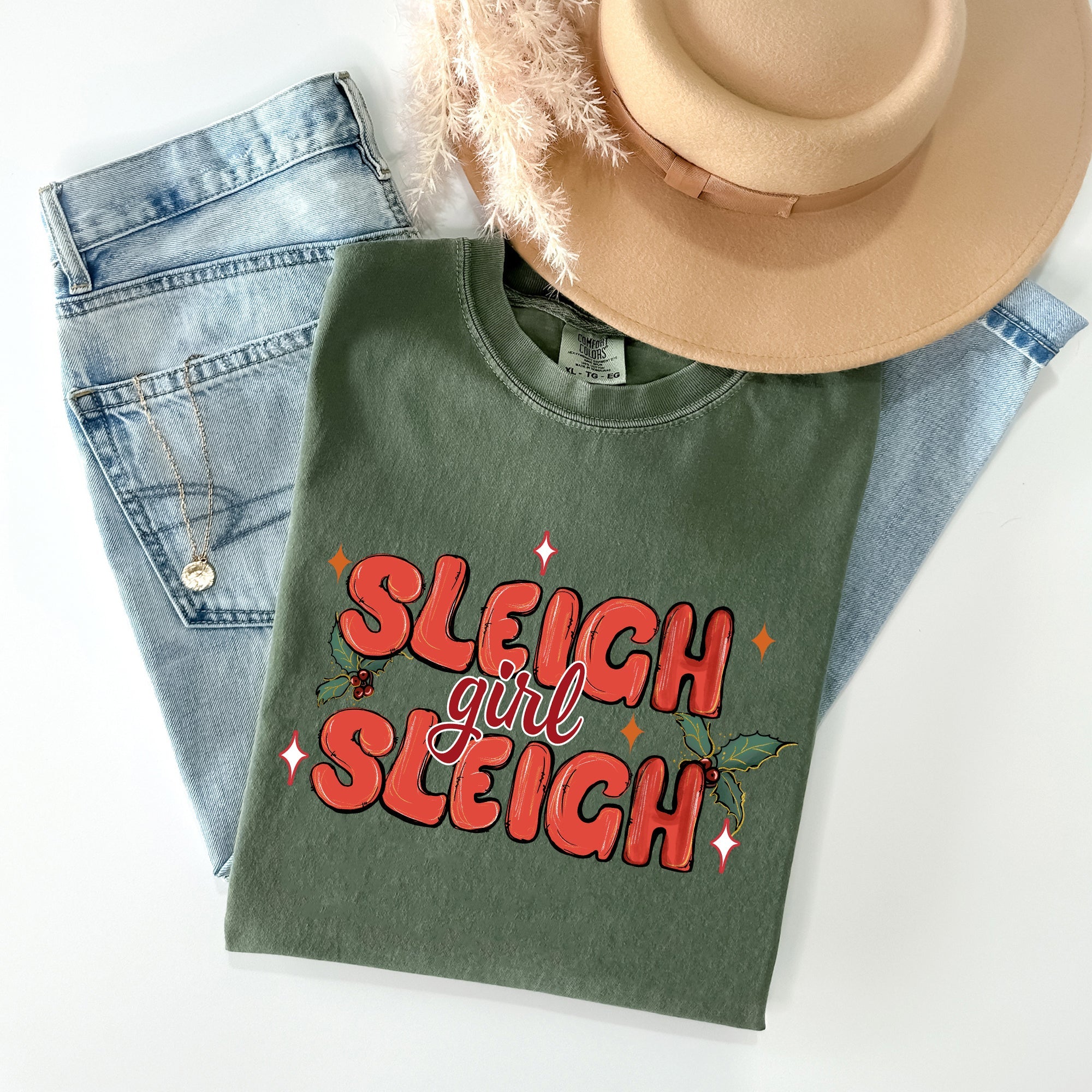 Sleigh Girl Sleigh Christmas Holly Retro Santa Xmas Seasonal Graphic Ornament Comfort Colors Tee