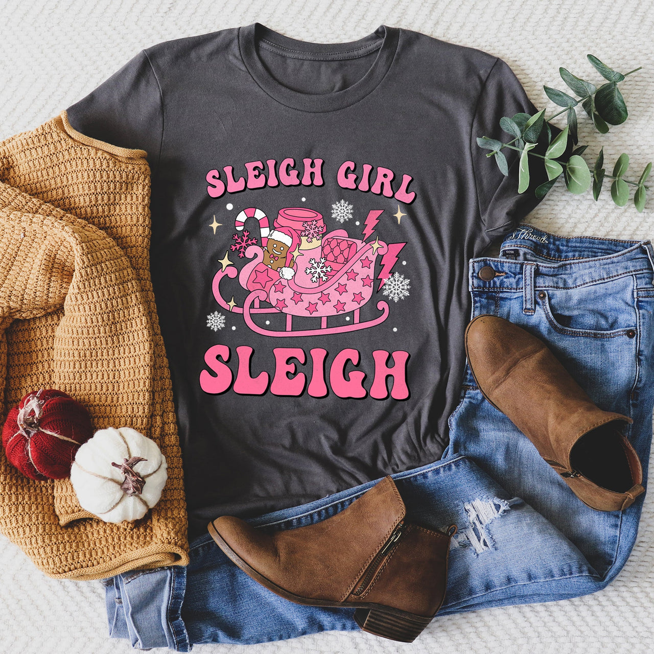 Sleigh Girl Sleigh Christmas Retro Vintage Snow Scene Cozy Nostalgia Festive Cheer Across Winter Night Graphic Tee