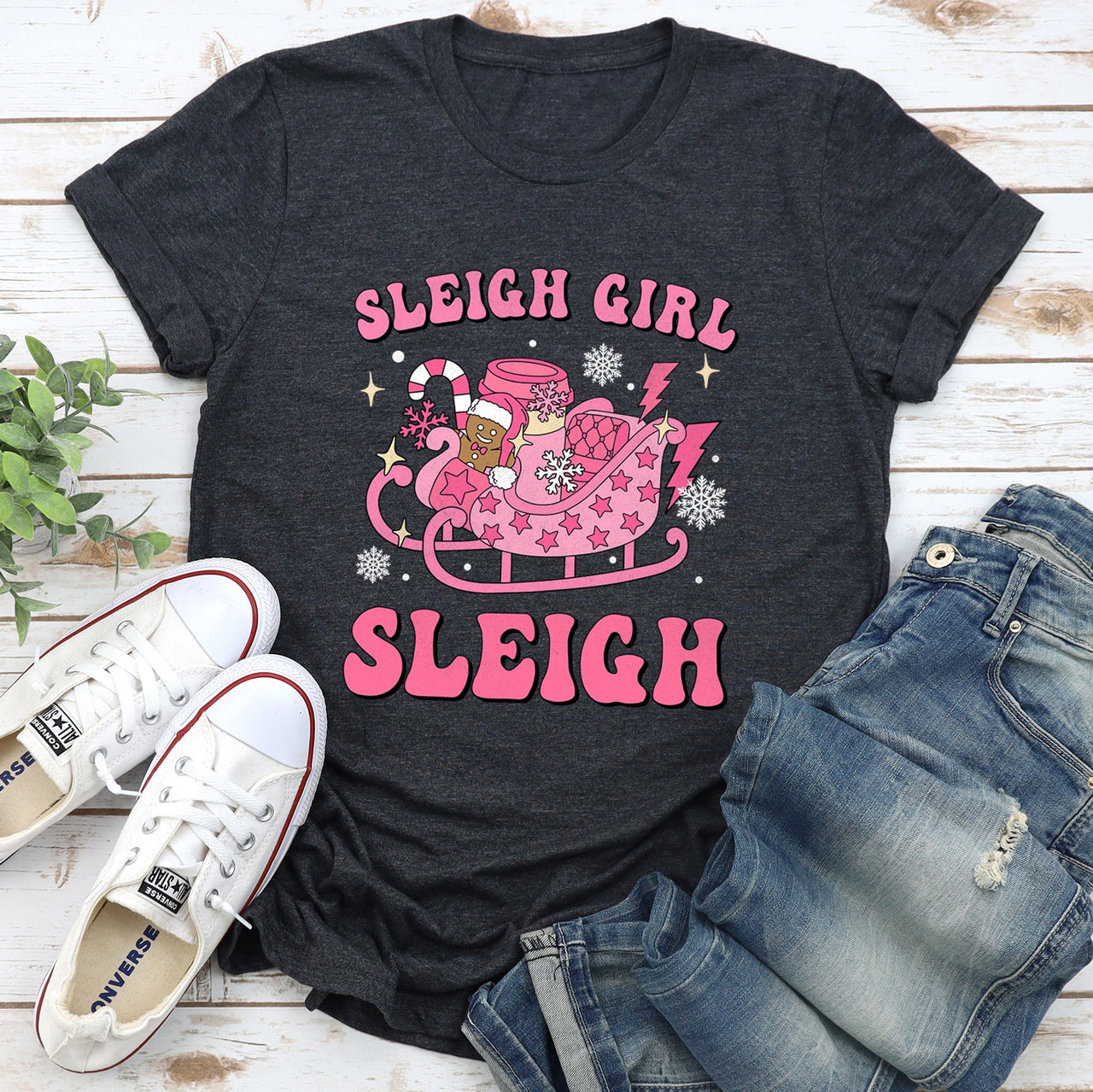 Sleigh Girl Sleigh Christmas Retro Vintage Snow Scene Cozy Nostalgia Festive Cheer Across Winter Night Graphic Tee